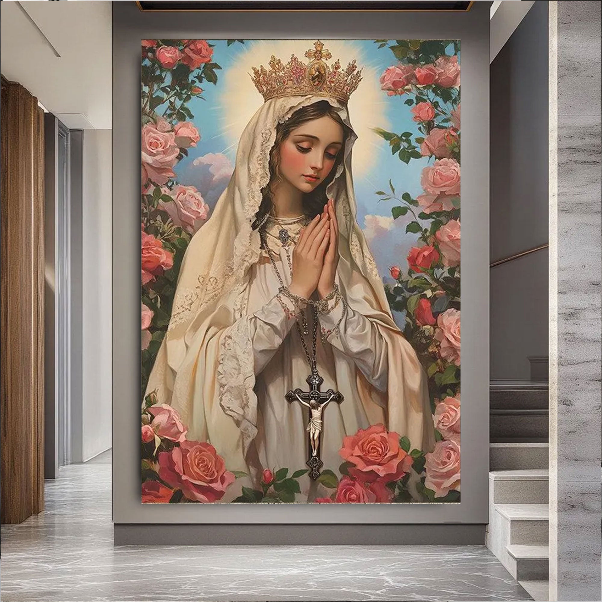 Virgin Mary Canvas Art, Holy Mother of God Wall Art, Sacred Catholic Icon with Roses, Blessed Mother Portrait, Inspirational Faith Gift, Religious Home Decor