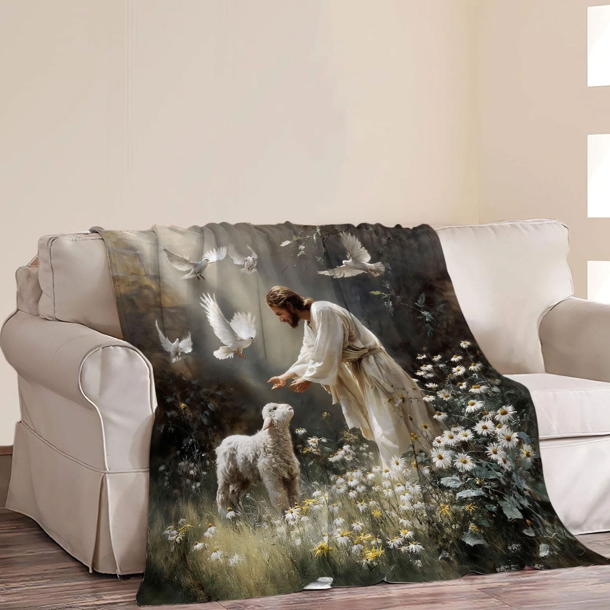 Jesus Lamb Fleece Blanket, Christian Jesus Throw, Soft Cozy Faith Blanket, Religious Gift, Christian Home Decor
