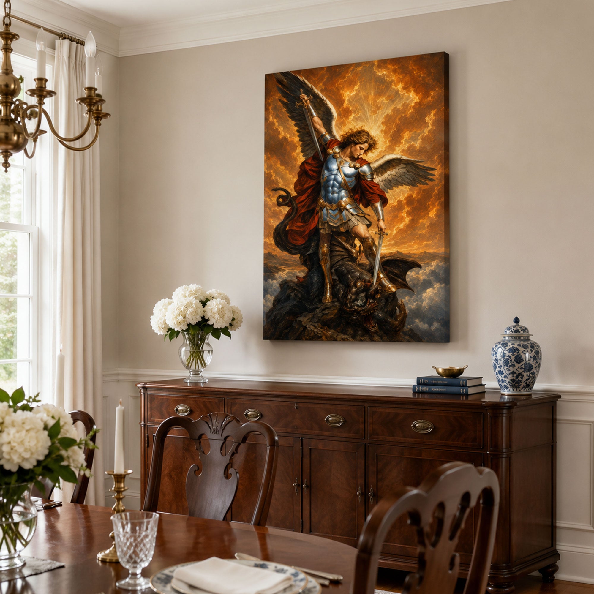 Saint Michael Defeating the Dragon Canvas Print, Catholic Warrior Archangel Wall Art, Faith Home Decor Gift