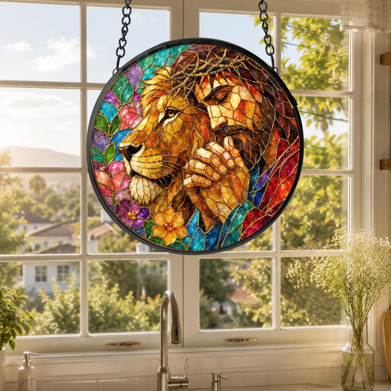 Jesus and Lion of Judah Suncatcher, Crown of Thorns Christian Window Hanging, Faith Gift