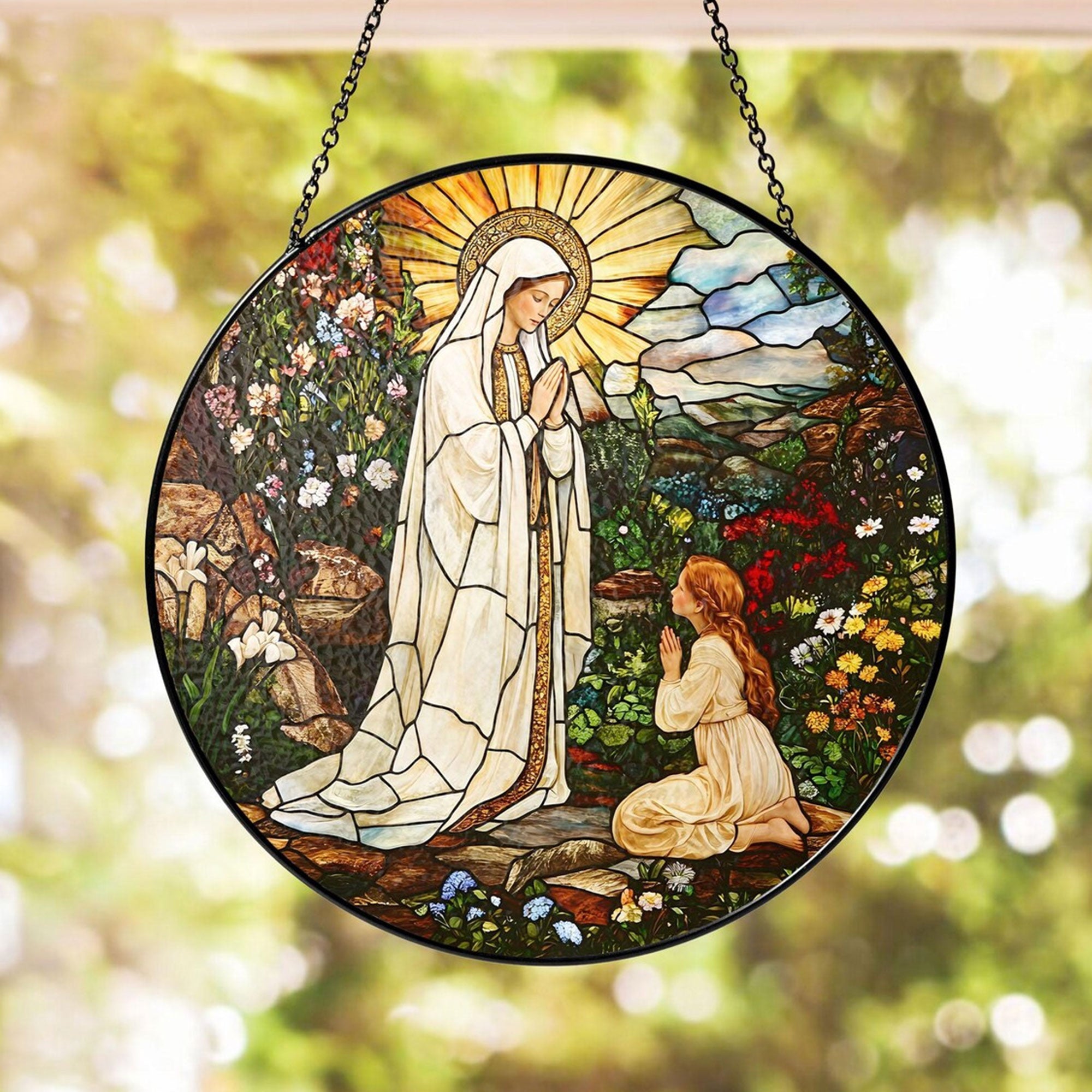 Our Lady of Lourdes Stained Glass Suncatcher, Virgin Mary Catholic Window Hanging, Religious Faith Gift, Christian Home Decor