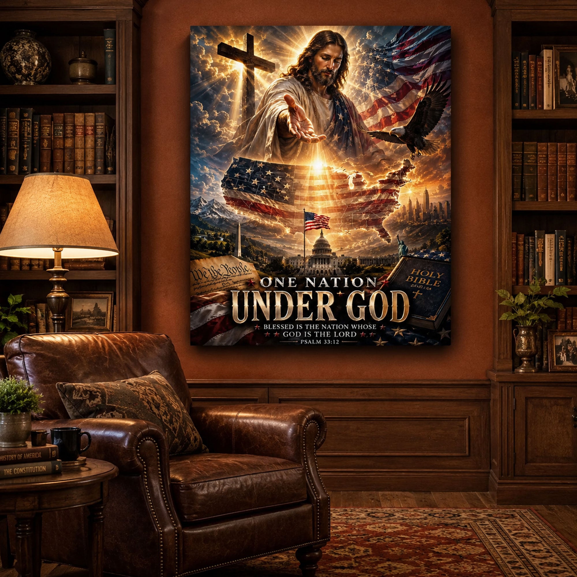One Nation Under God Canvas Print, Patriotic Jesus Christian Wall Art, American Faith Decor, Inspirational Religious Artwork