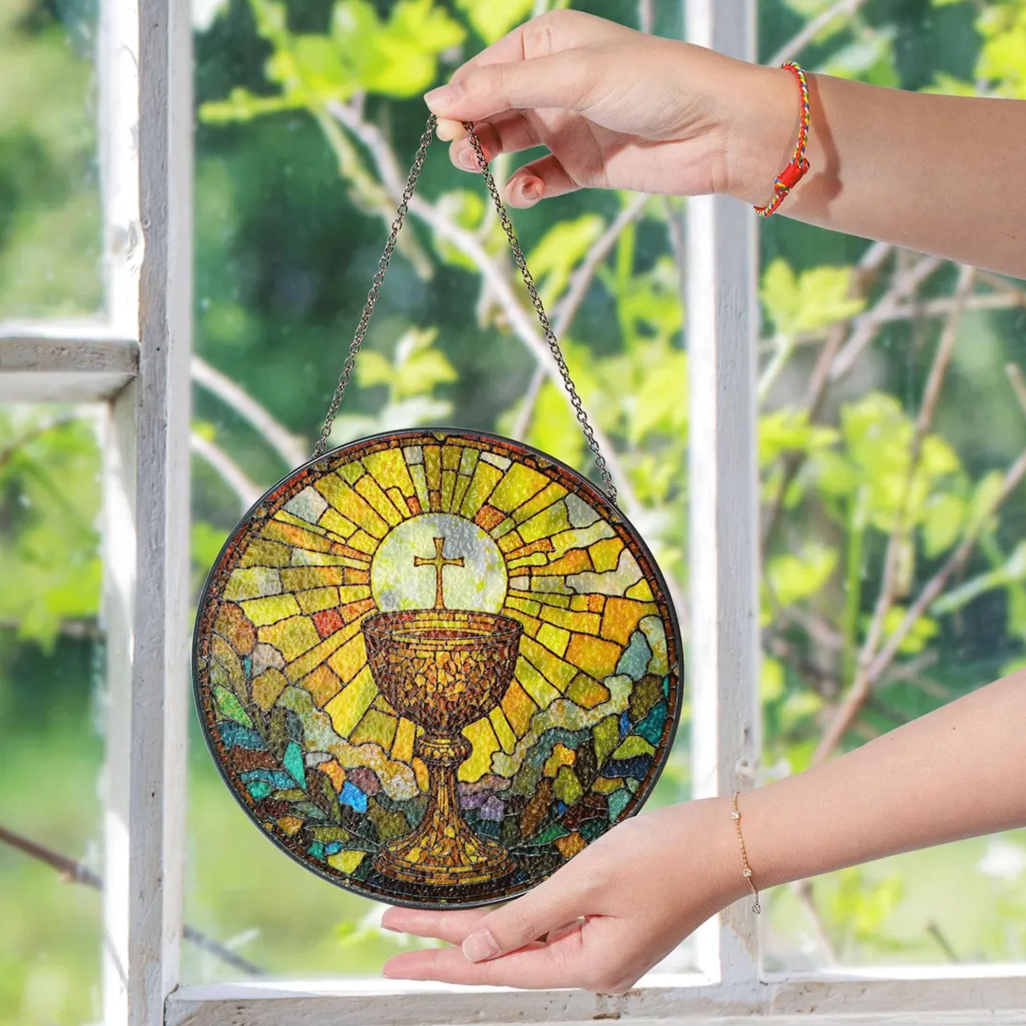 Holy Eucharist Chalice Stained Glass Suncatcher, Catholic Window Hanging Decor, First Communion Religious Gift