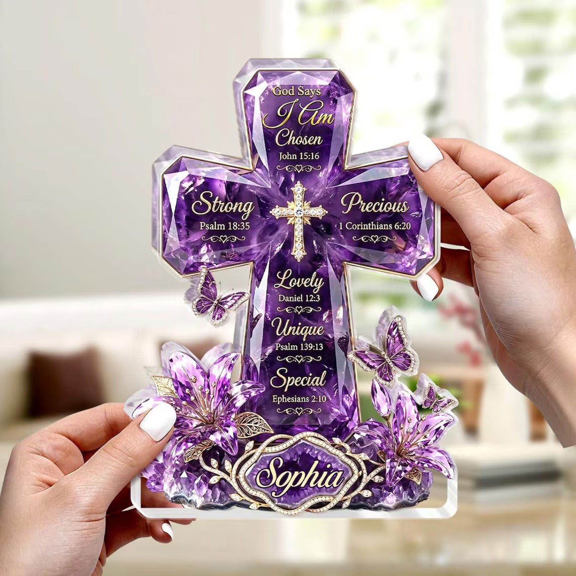 Personalized God Says I Am Chosen Cross Acrylic Desk Plaque, Christian Bible Verse Affirmation Gift