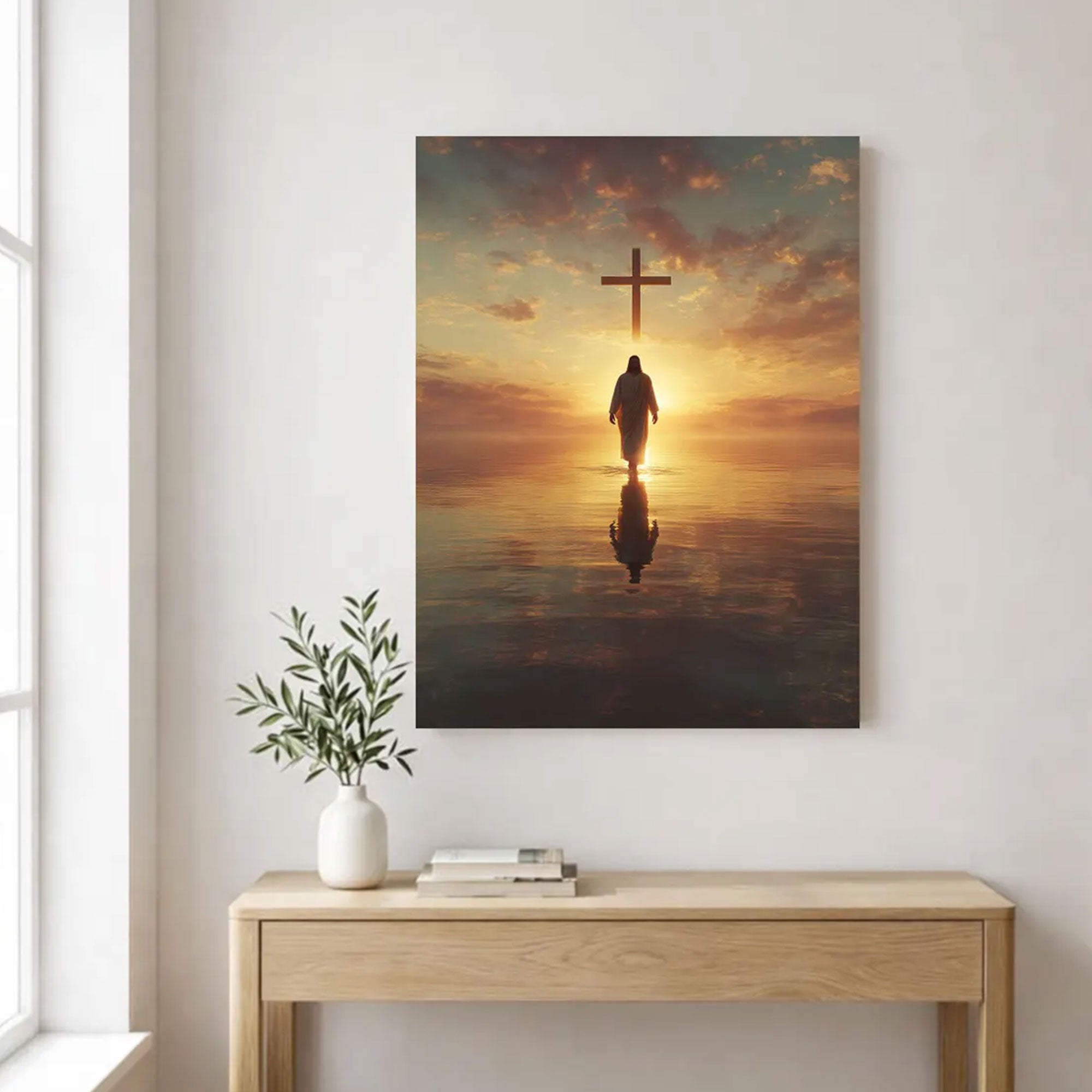 Jesus Walking on Water Canvas Art, Sunrise Cross Christian Faith Decor, Spiritual Reflection Wall Artwork