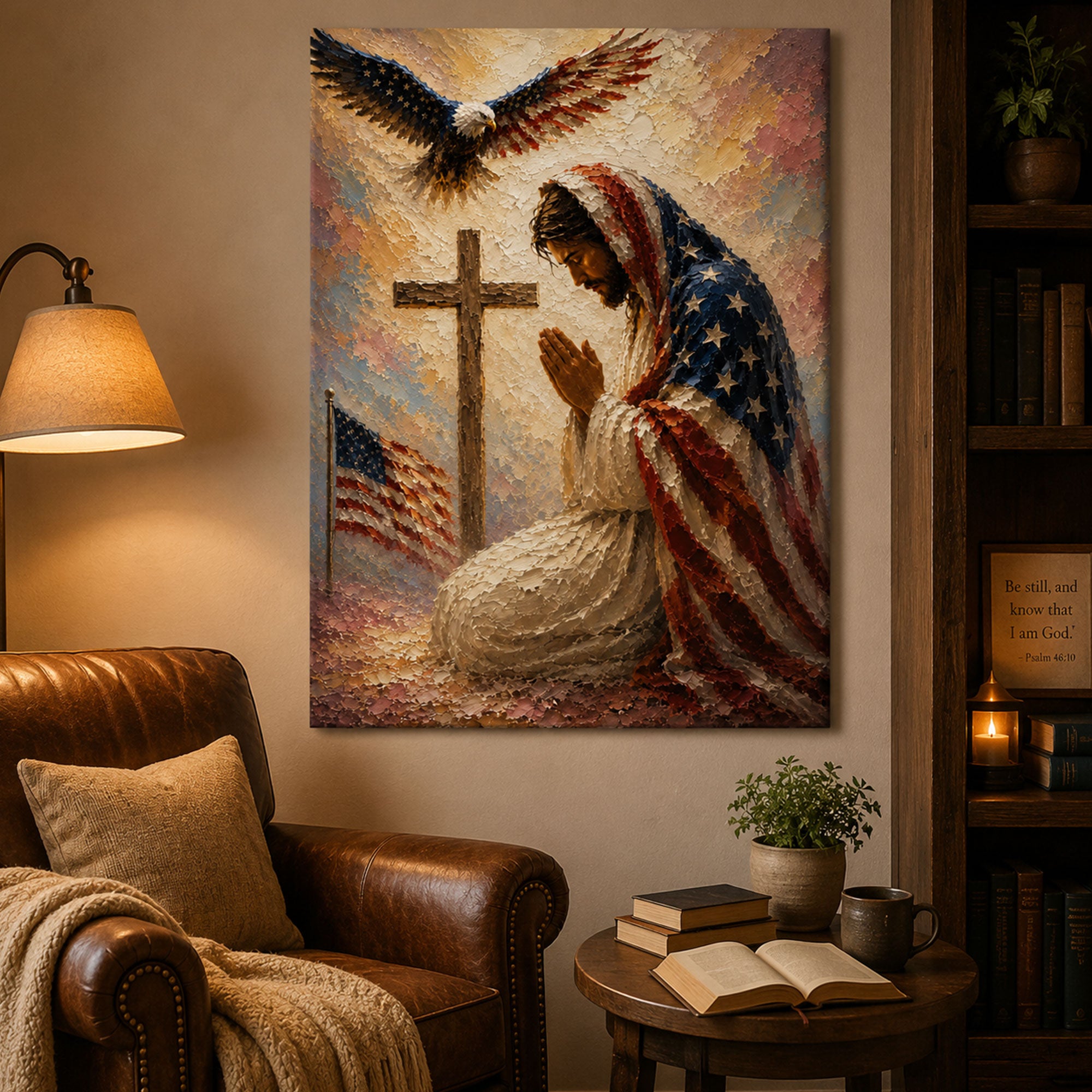 Jesus Praying at Cross Canvas Print, American Flag Christian Wall Art, Patriotic Faith Home Decor