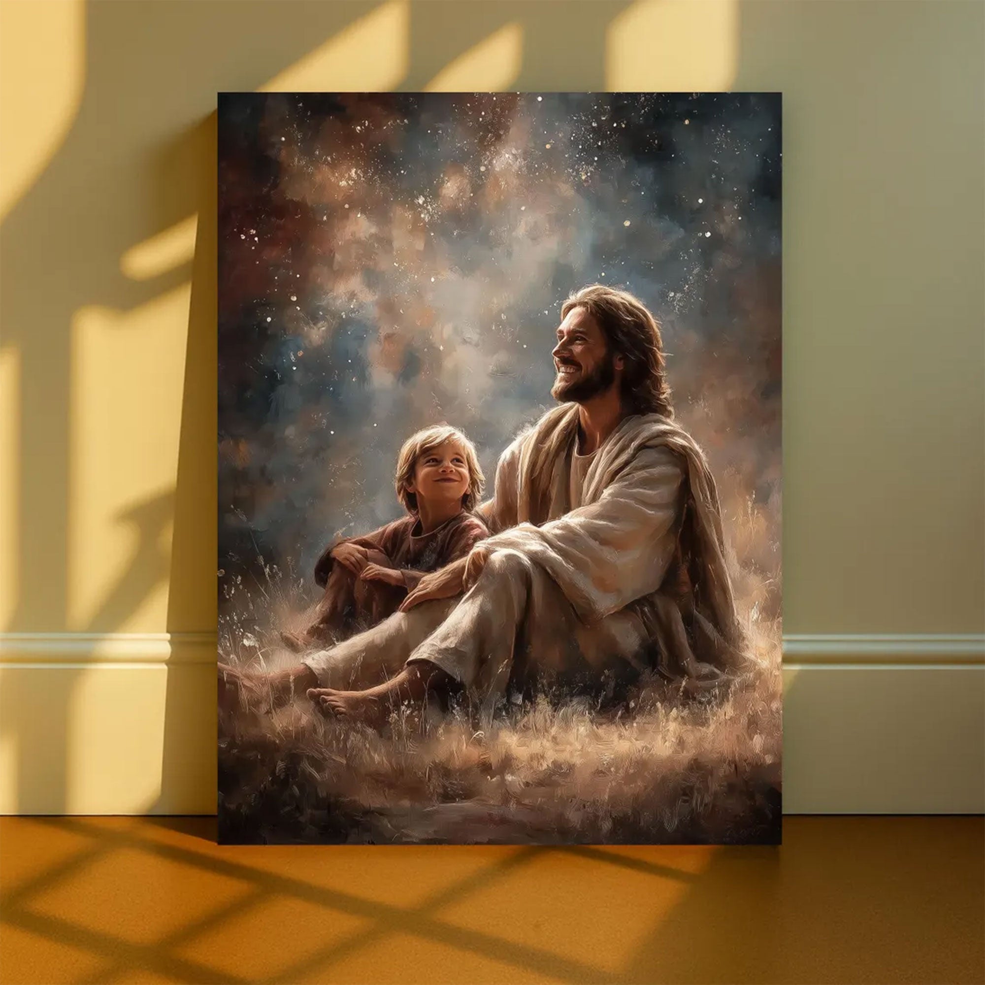 Jesus with Child Under Stars Canvas Print, Christian Faith Wall Art, Religious Home Decor