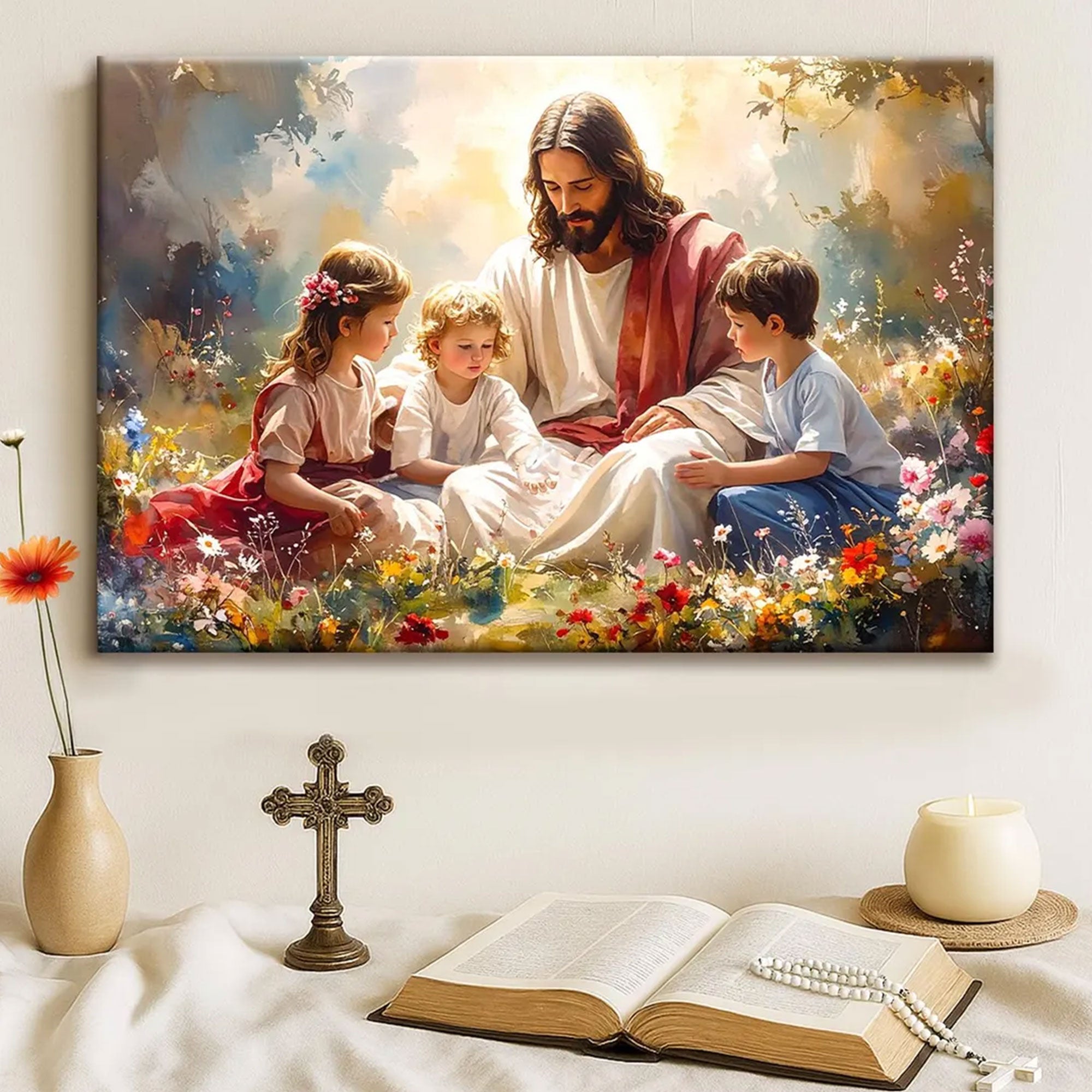 Jesus With Children Canvas Print, Christian Faith Wall Art, Religious Home Decor, Living Room Artwork