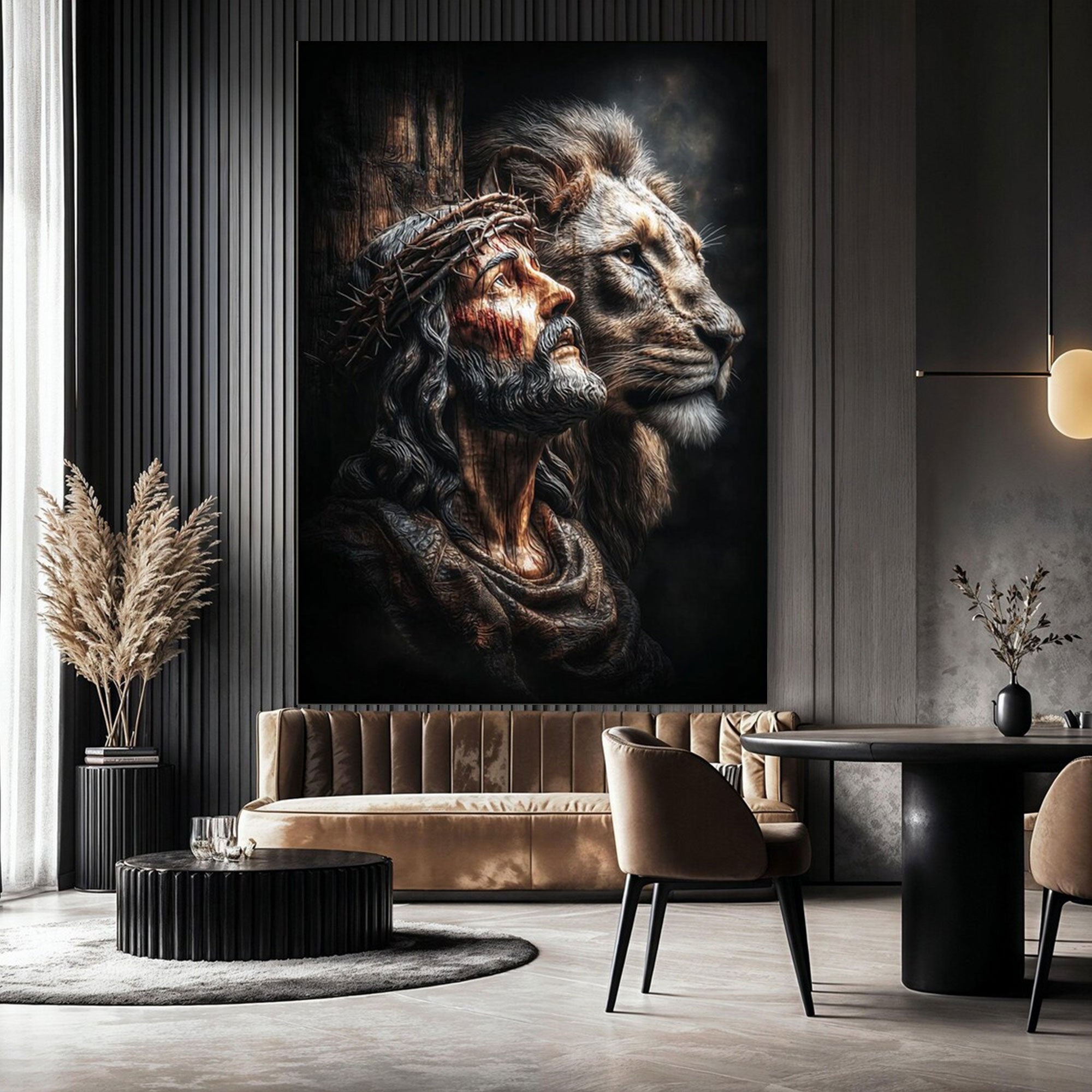 Jesus with Crown of Thorns and Lion Canvas Print, Christian Faith and Strength Wall Art, Inspirational Spiritual Decor