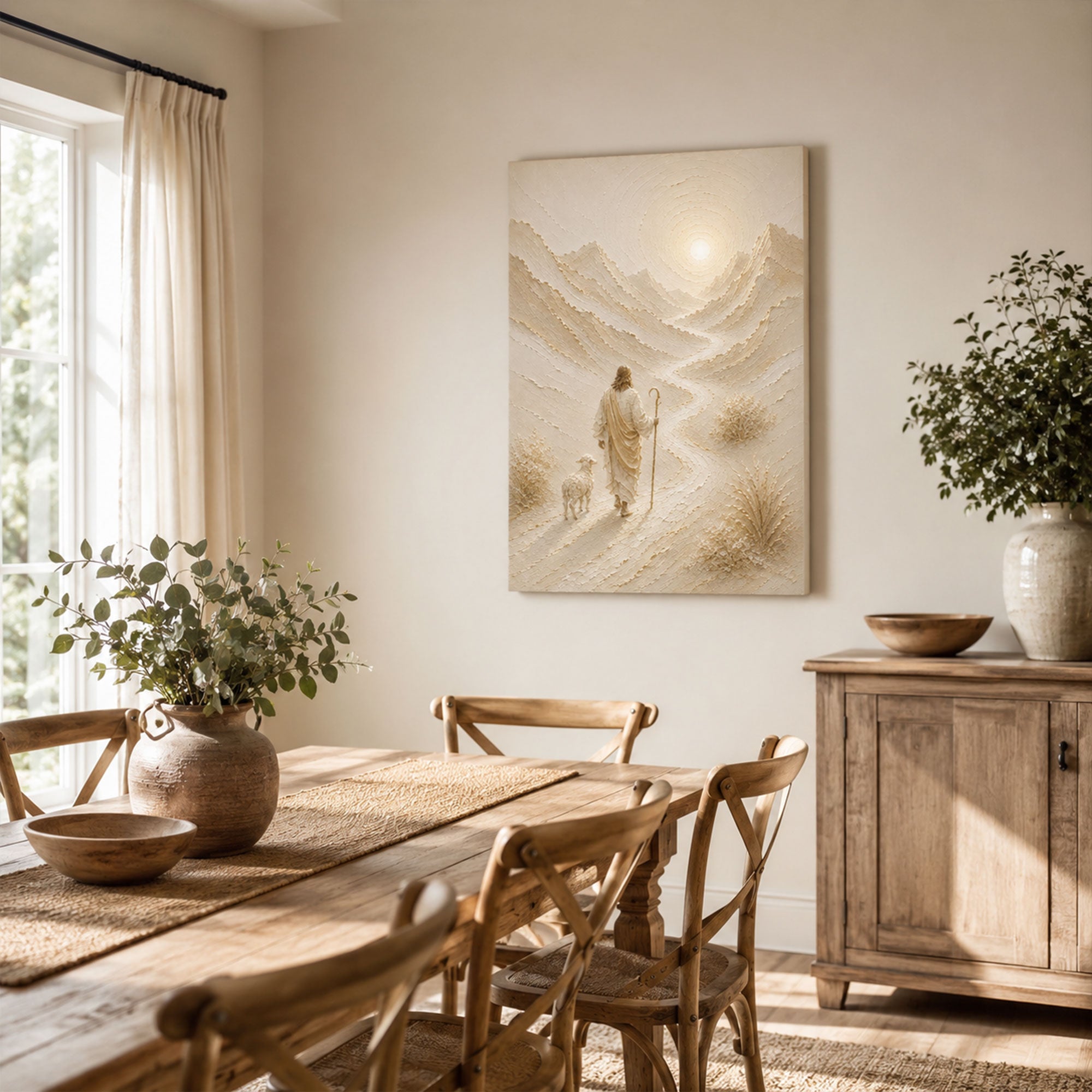 Jesus the Good Shepherd Canvas Print, Soft Neutral Christian Decor