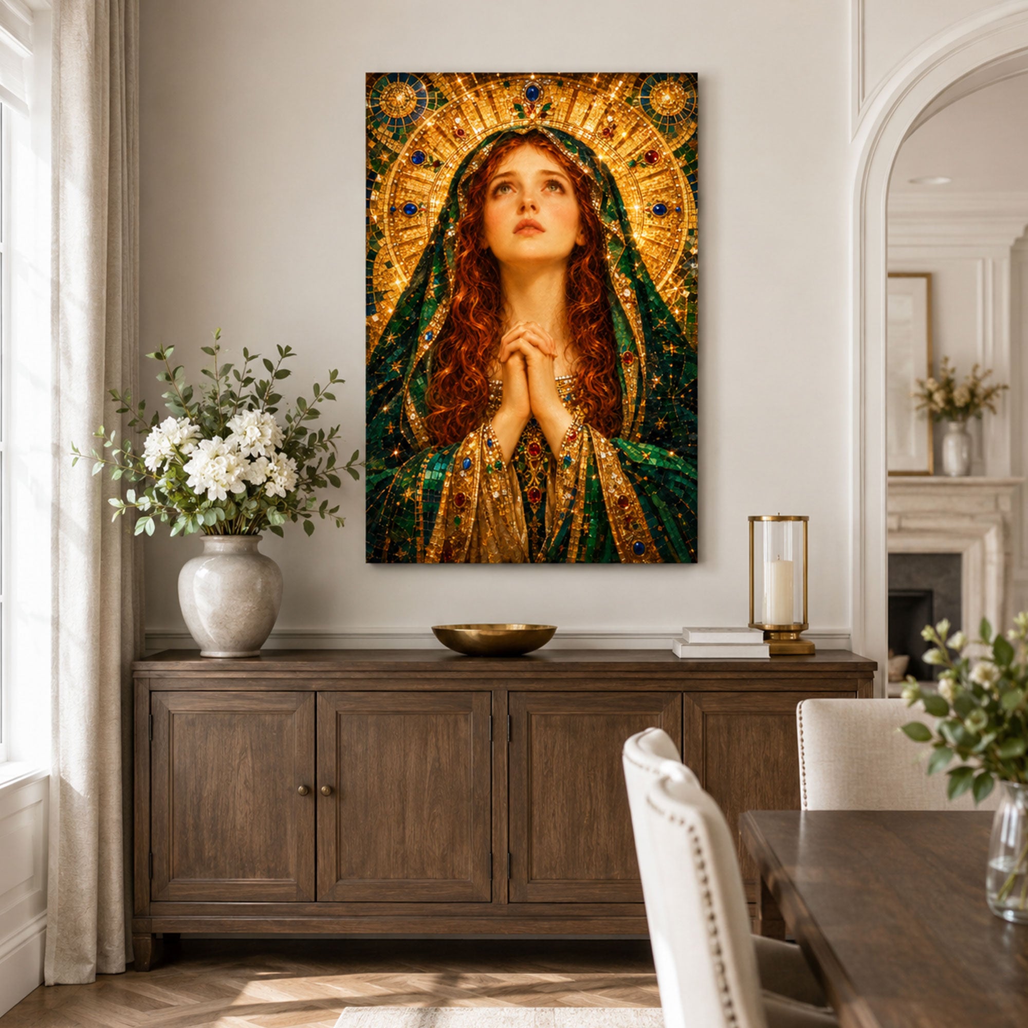 Saint Mary Magdalene Radiant Prayer Canvas Print, Emerald and Gold Sacred Decor