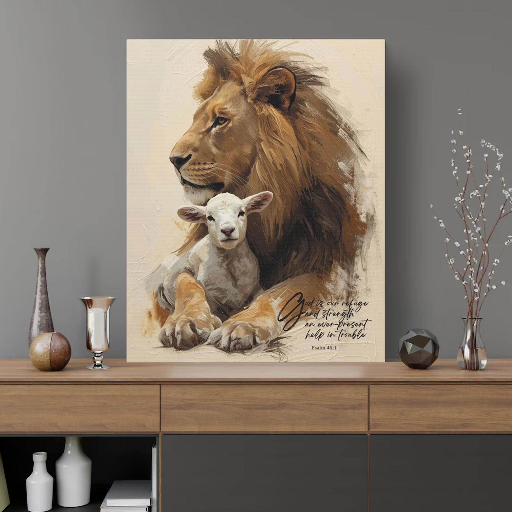 Lion and Lamb Canvas Print with Psalm 46:1, Christian Wall Art, Bible Verse Decor, Faith Inspired Gift