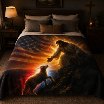 Jesus Good Shepherd Fleece Blanket, American Flag Christian Throw, Faith Gift for Believers