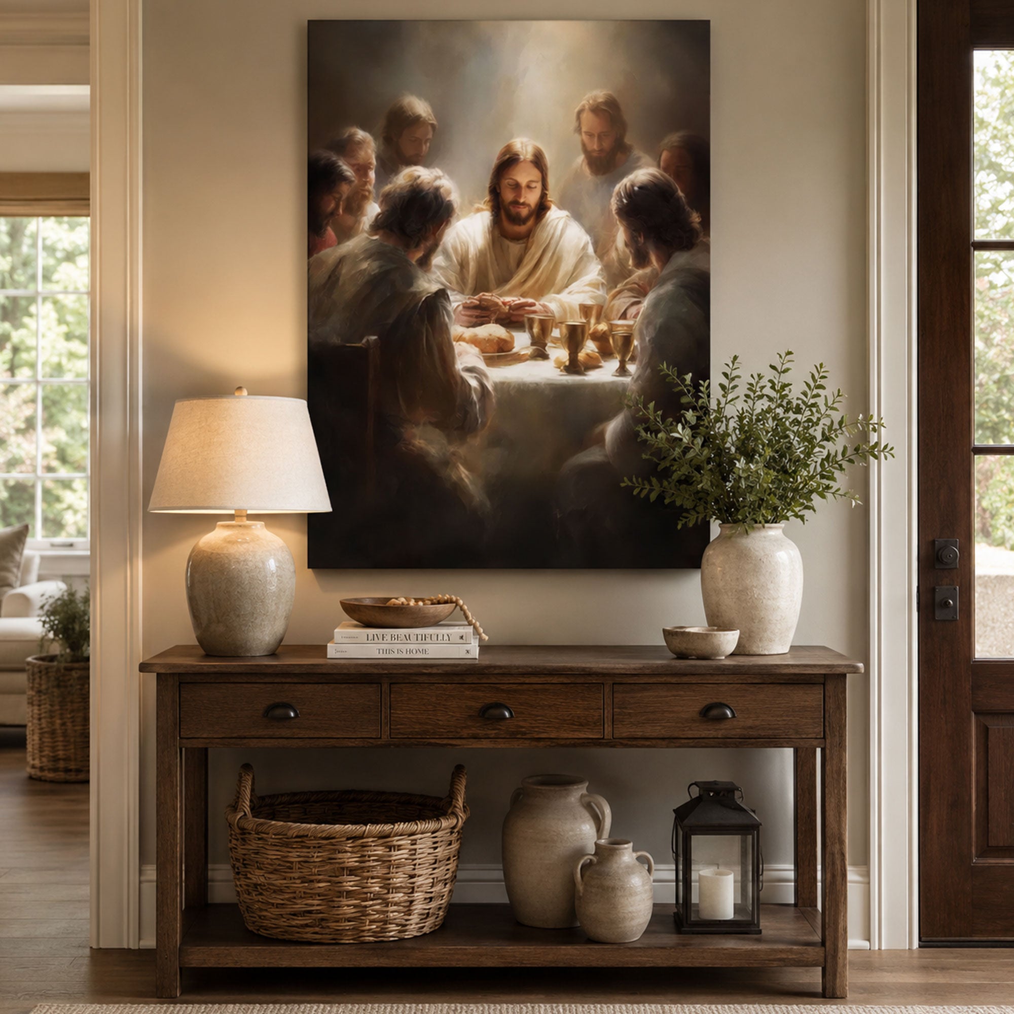 Last Supper Wall Art, Jesus Breaking Bread Canvas Print, Holy Communion Christian Faith Decor