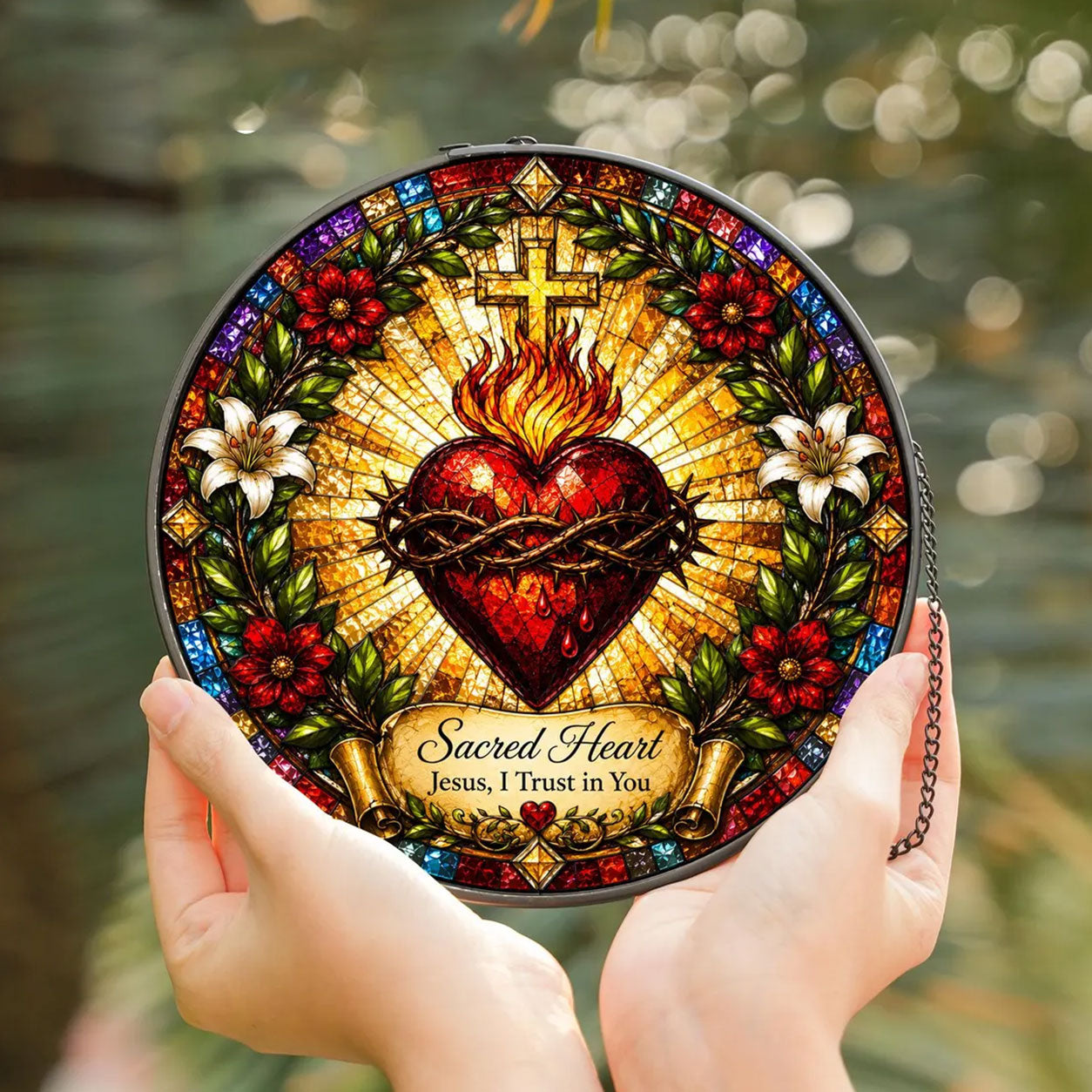 Sacred Heart of Jesus Suncatcher, Jesus I Trust in You Catholic Window Hanging, Christian Faith Gift