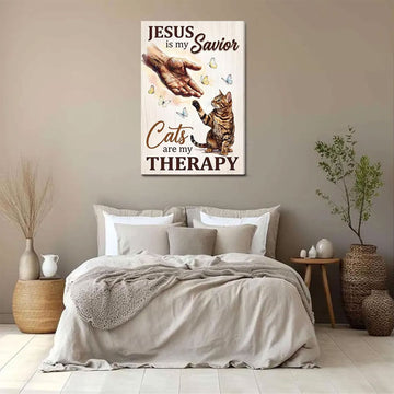 Jesus Is My Savior Cats Are My Therapy Canvas, Christian Cat Lover Gift, Home Decor