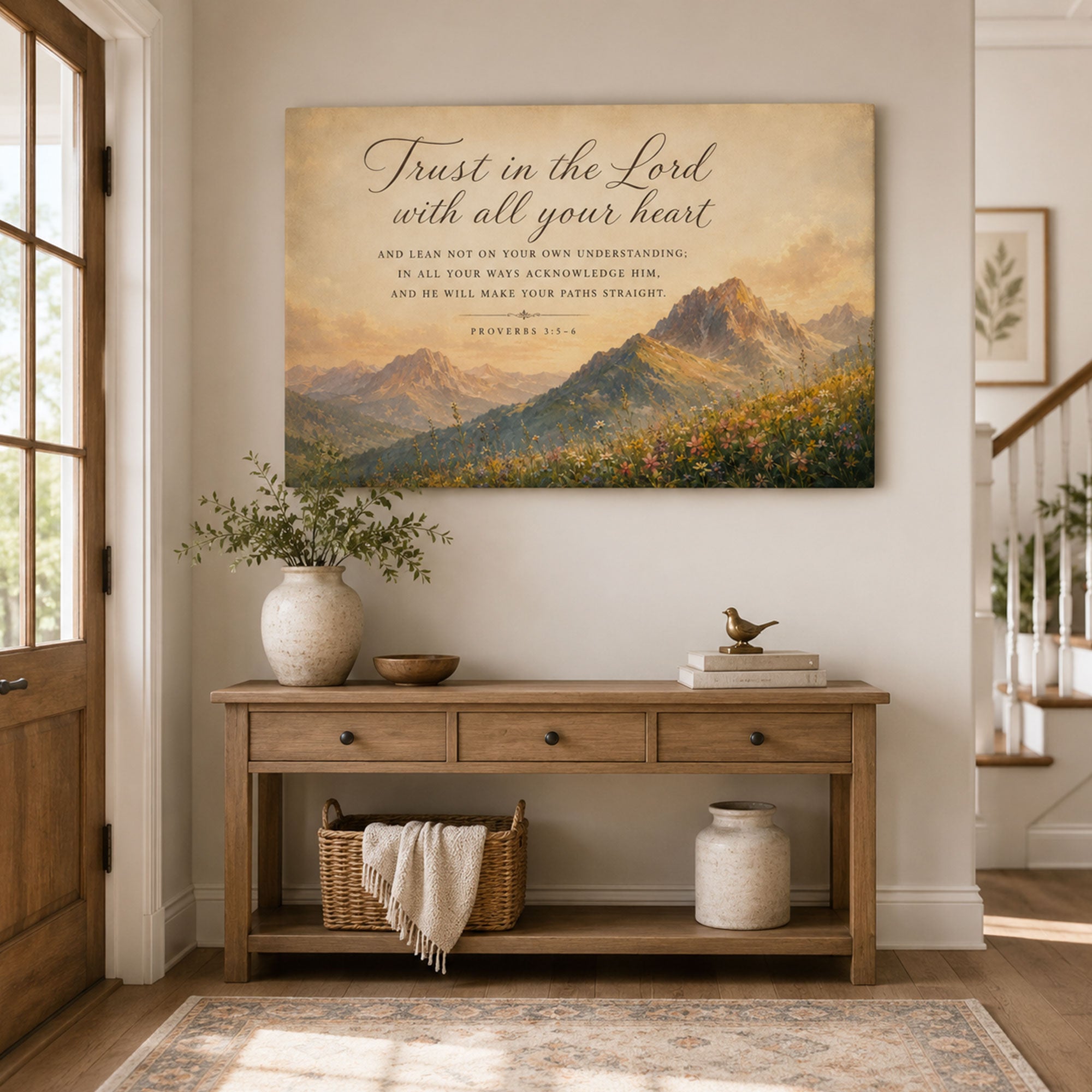 Proverbs 3:5-6 Canvas Print, Trust in the Lord Mountain Scripture Wall Art, Christian Faith Home Decor Gift