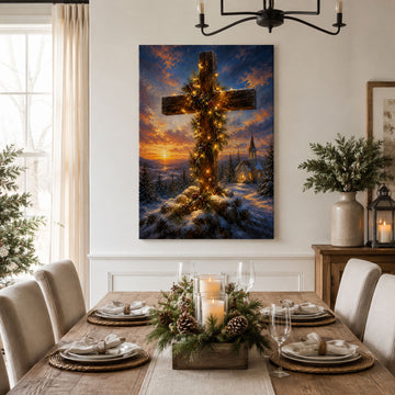 Christmas Cross Canvas Print, Light of Christ Christian Wall Decor, Religious Christmas Gift