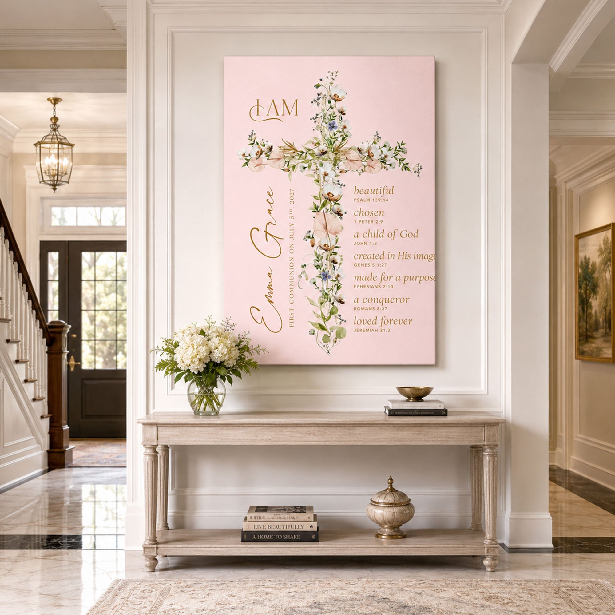 First Communion Gift for Girl, Floral Cross Printable Wall Art, Holy Communion Confirmation Baptism Keepsake, Christian Faith Gift