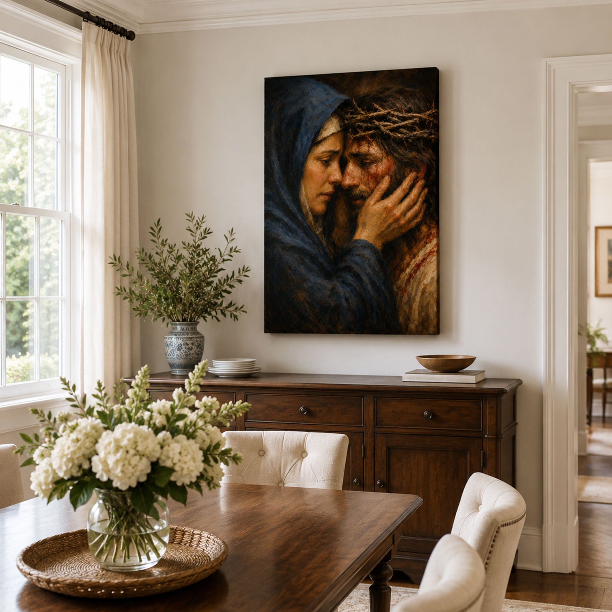 Sorrowful Mother and Jesus Canvas Print, Crown of Thorns Catholic Wall Art, Passion of Christ Home Decor Gift
