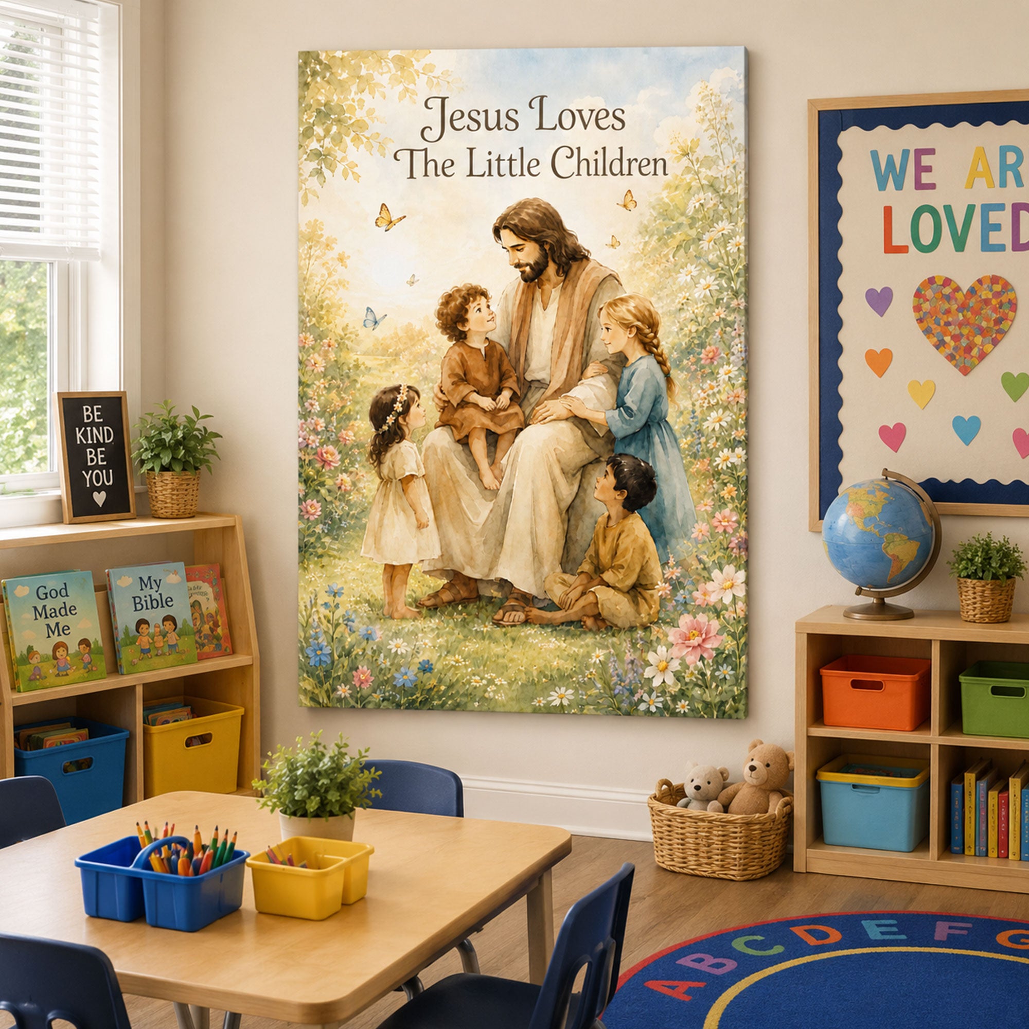 Jesus Loves The Little Children Canvas Print Christian Nursery Wall Art Watercolor Jesus with Kids Faith Decor