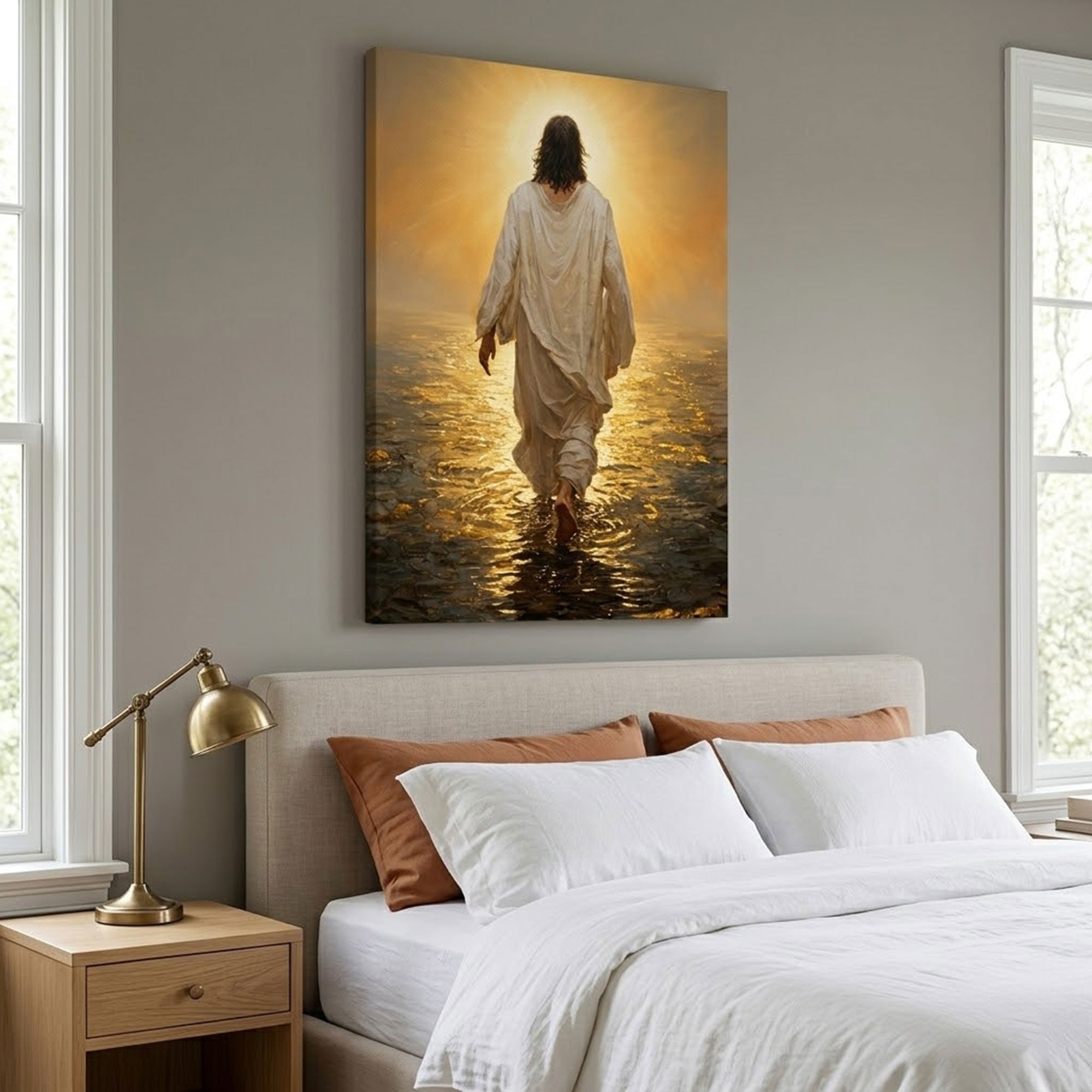 Jesus Walking on Water Canvas Print, Golden Light Christian Wall Art, Inspirational Faith Home Decor