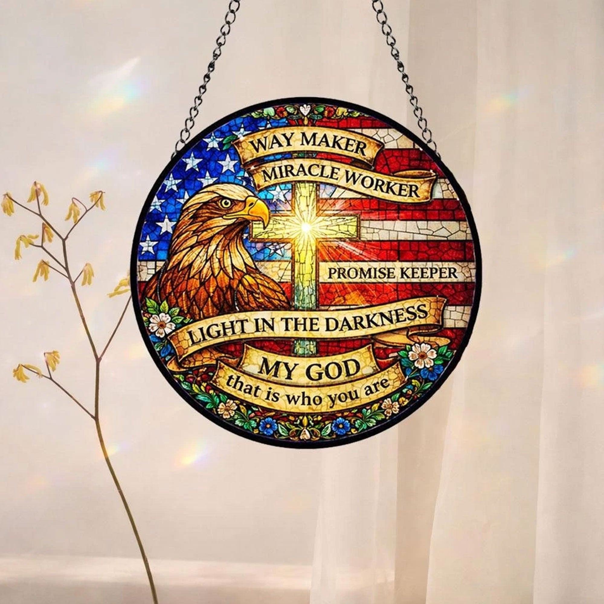 Eagle Cross Stained Glass Suncatcher, Christian Patriotic Window Hanging, Way Maker Scripture Faith Gift, American Flag Decor