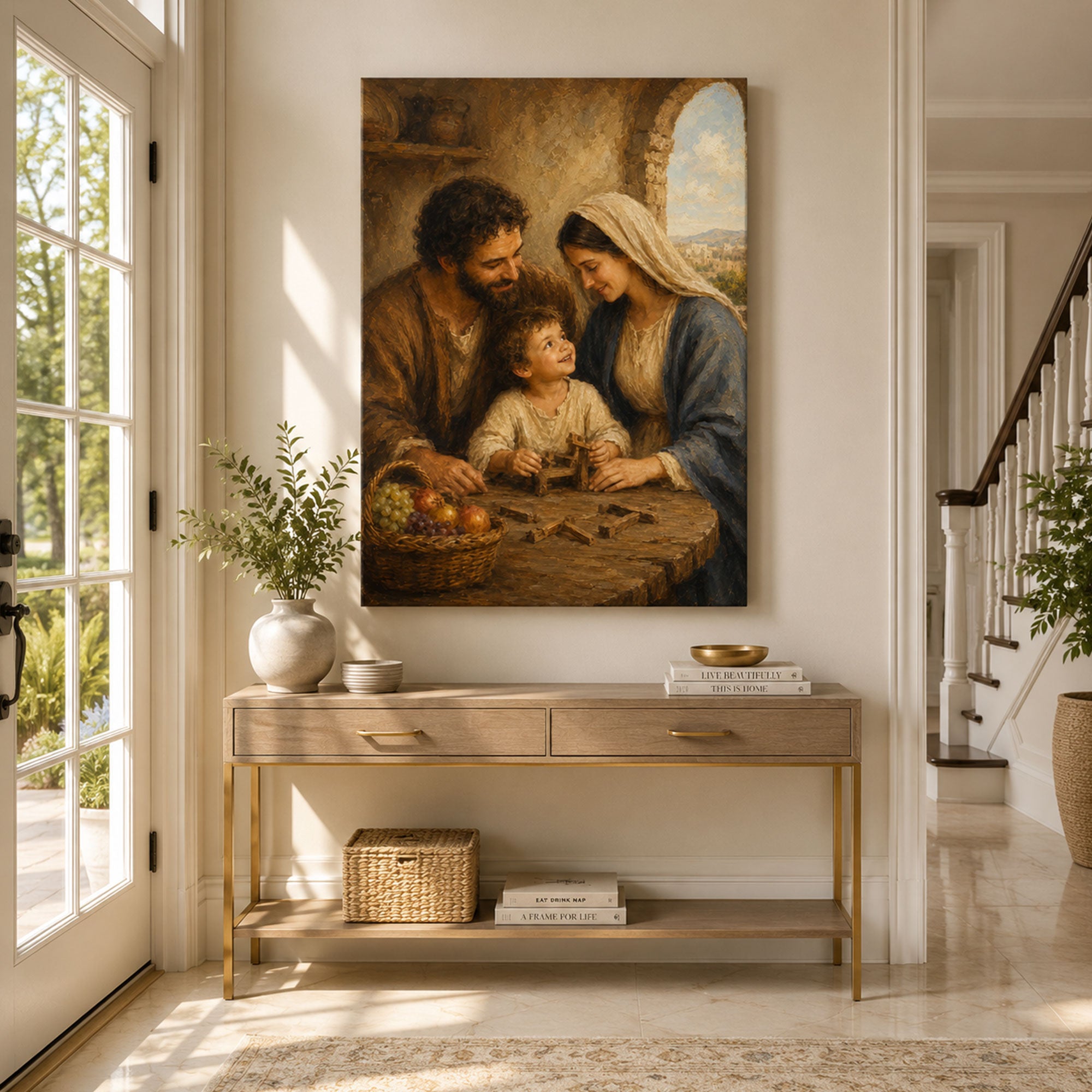 Holy Family at Nazareth Canvas Print, Saint Joseph Mary and Child Jesus Catholic Wall Decor, Faith Gift