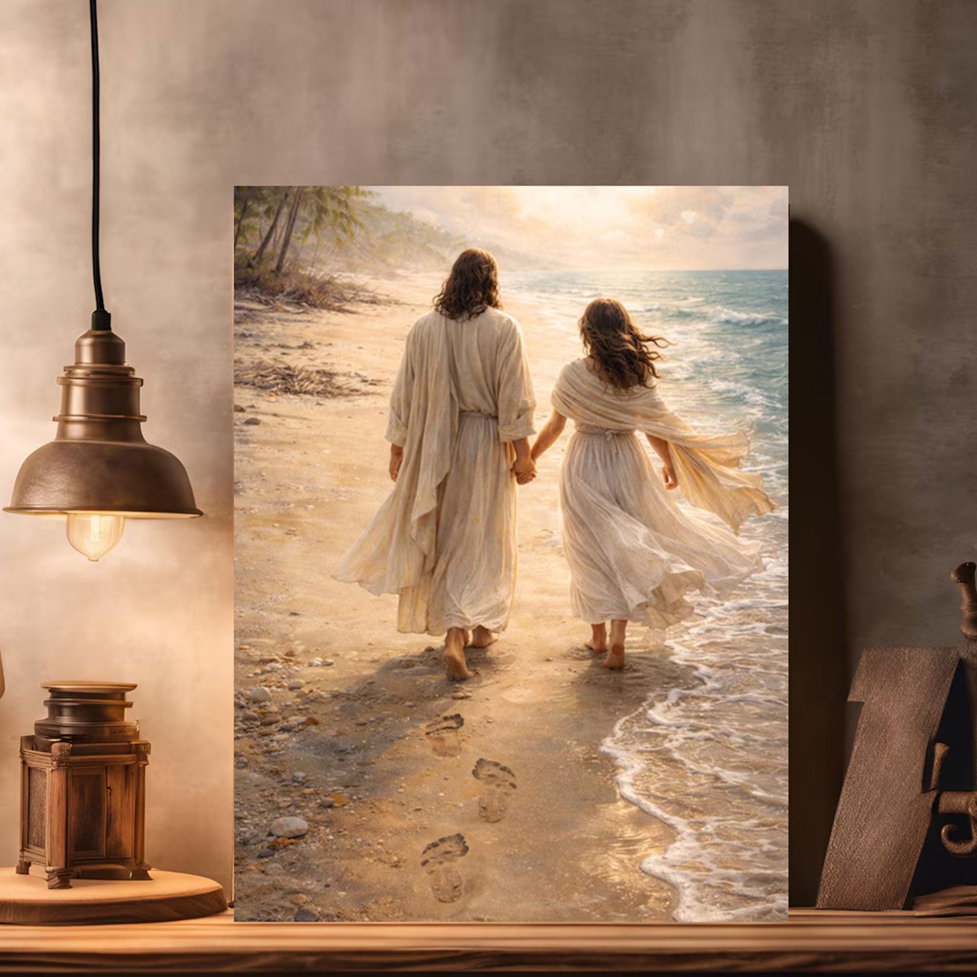 He Walks With Her Canvas Print, Jesus Christ Portrait, Faith Beach Scene Wall Art, Christian Decor Gift