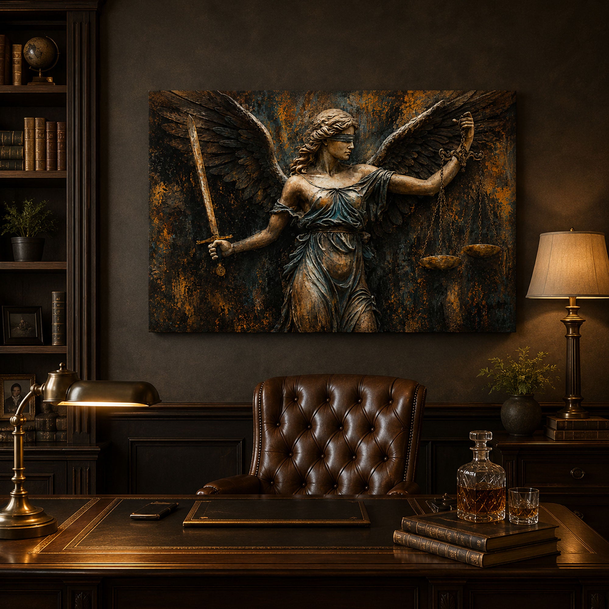 Angel of Justice Panoramic Canvas Print, Winged Angel with Sword and Scales Christian Wall Art, Faith Home Decor Gift