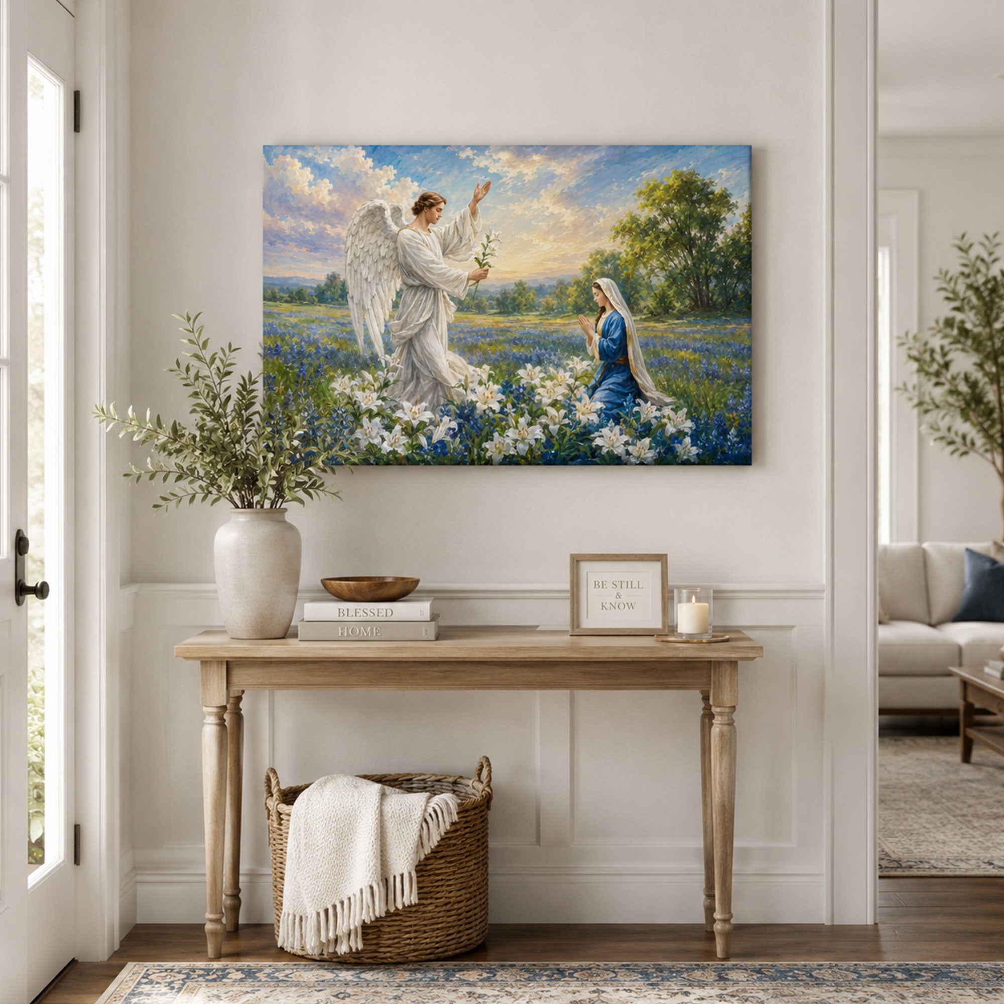 Annunciation of Mary Canvas Print, Archangel Gabriel and Virgin Mary Catholic Wall Art, Lily Field Faith Home Decor Gift