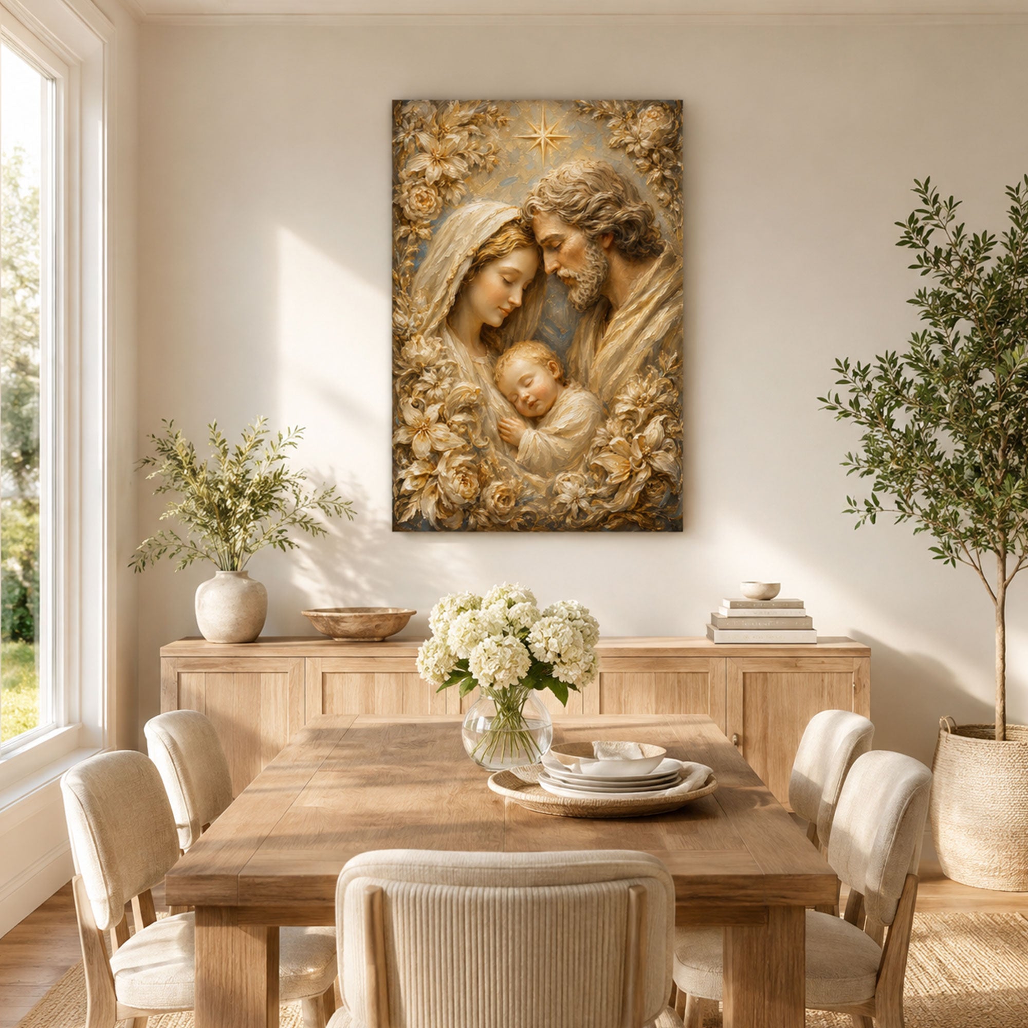 Holy Family Jesus Mary and Joseph Canvas Print, Golden Floral Catholic Wall Decor, Family Faith Gift