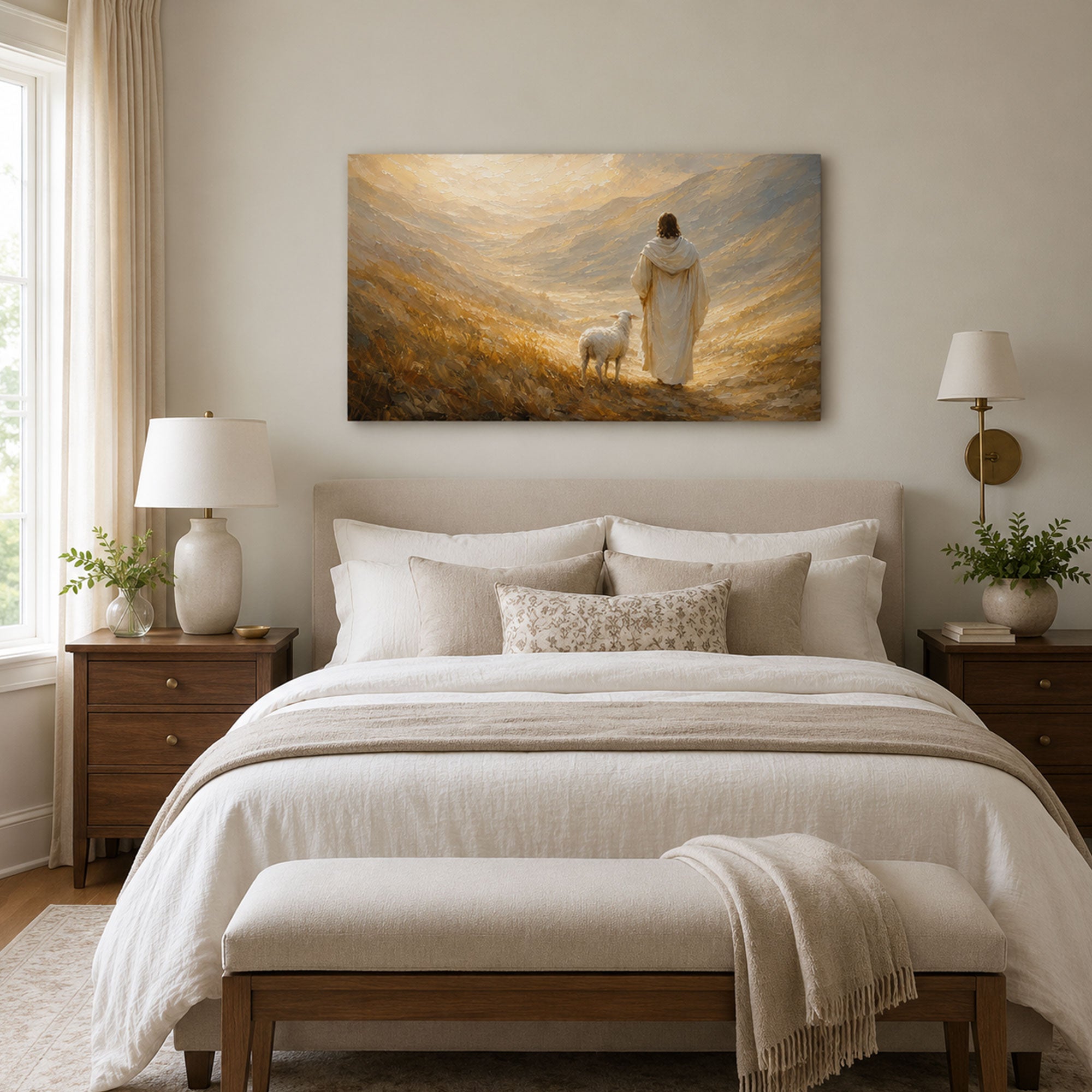 Good Shepherd Panoramic Canvas Print, Jesus with Lamb Christian Wall Art, Faith Home Decor Gift