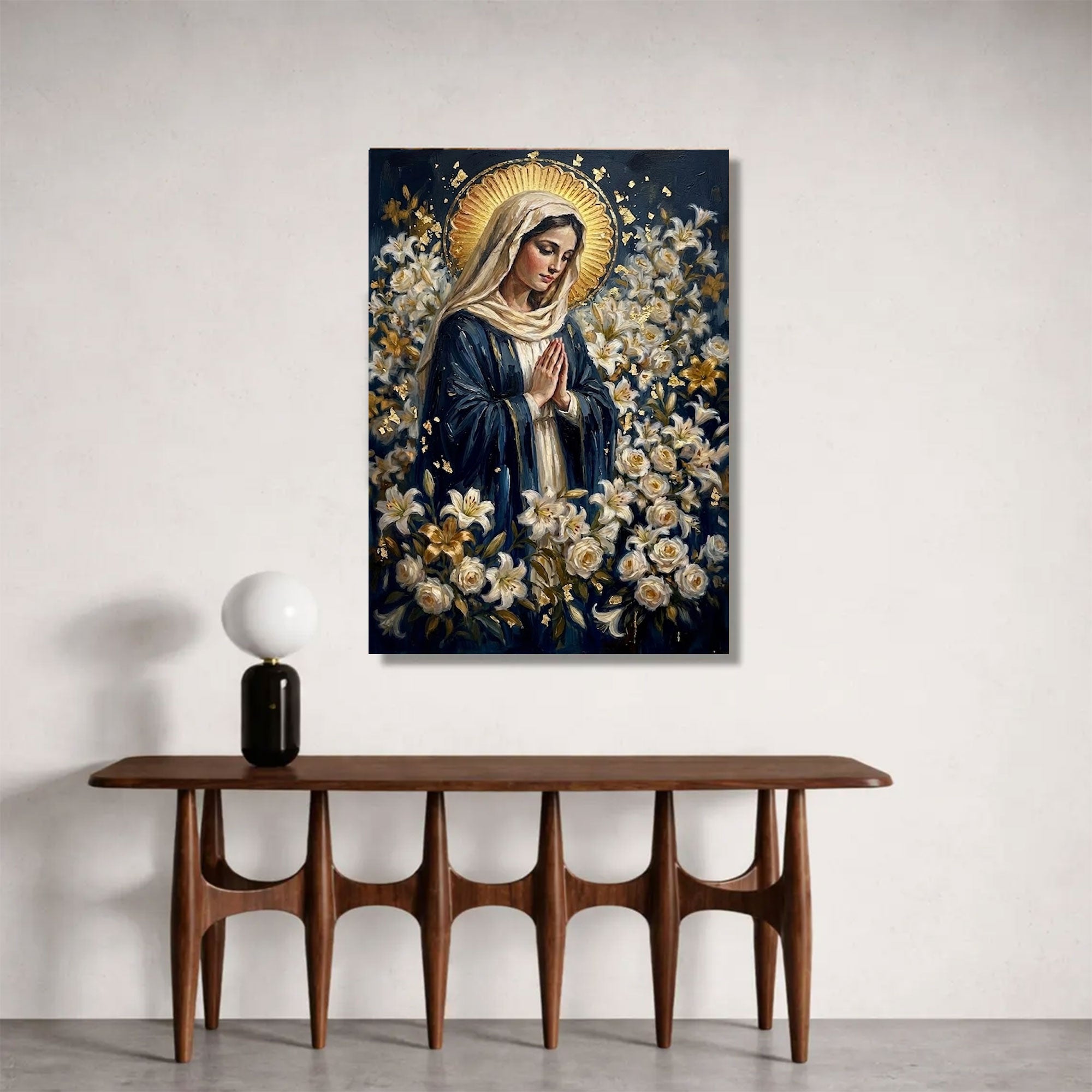 Madonna in Silent Prayer Canvas Print, Sacred Lily Garden Artwork, A Devotional Expression of Grace and Purity