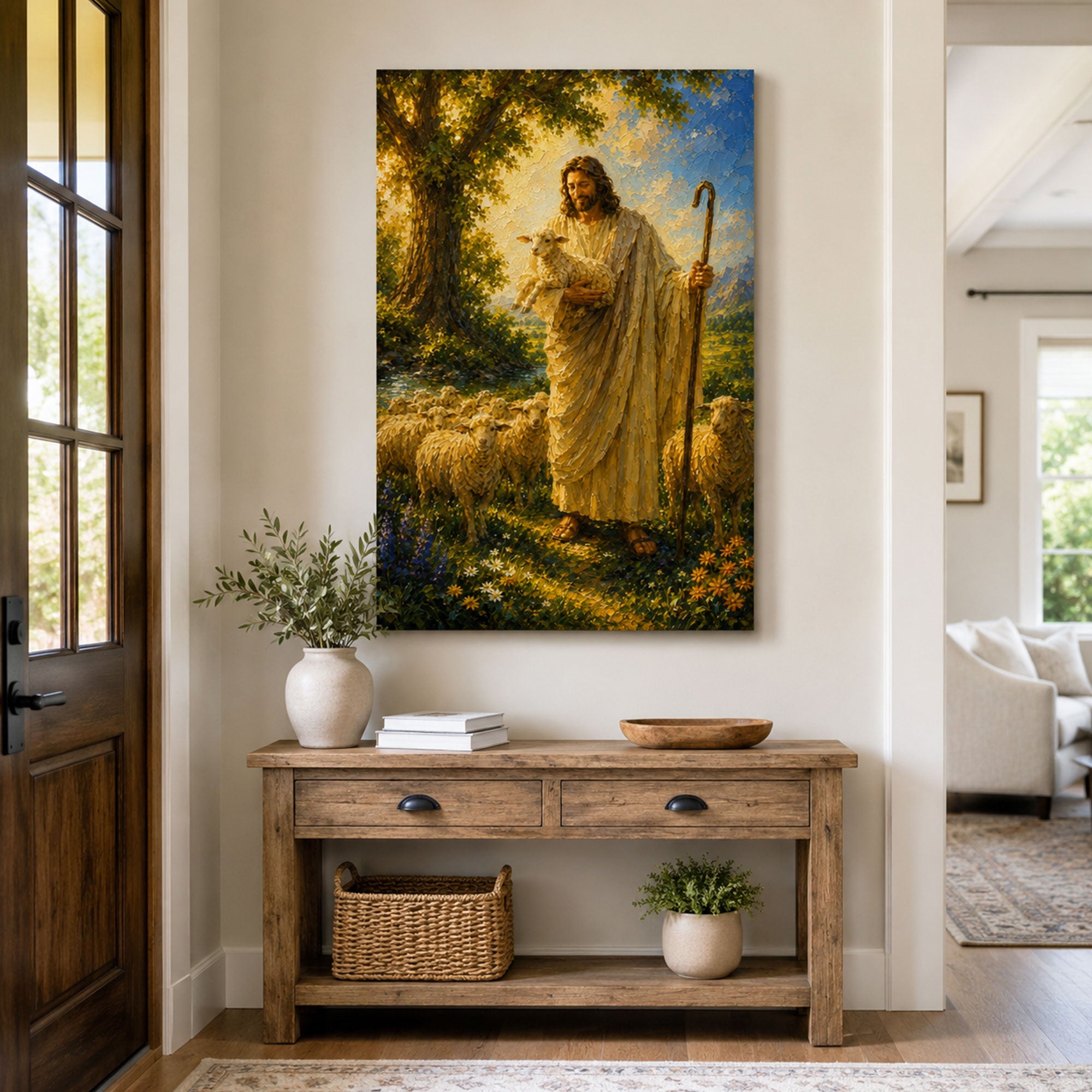 Good Shepherd with Lamb Canvas Print, Jesus Shepherd Christian Wall Art, Faith Home Decor Gift