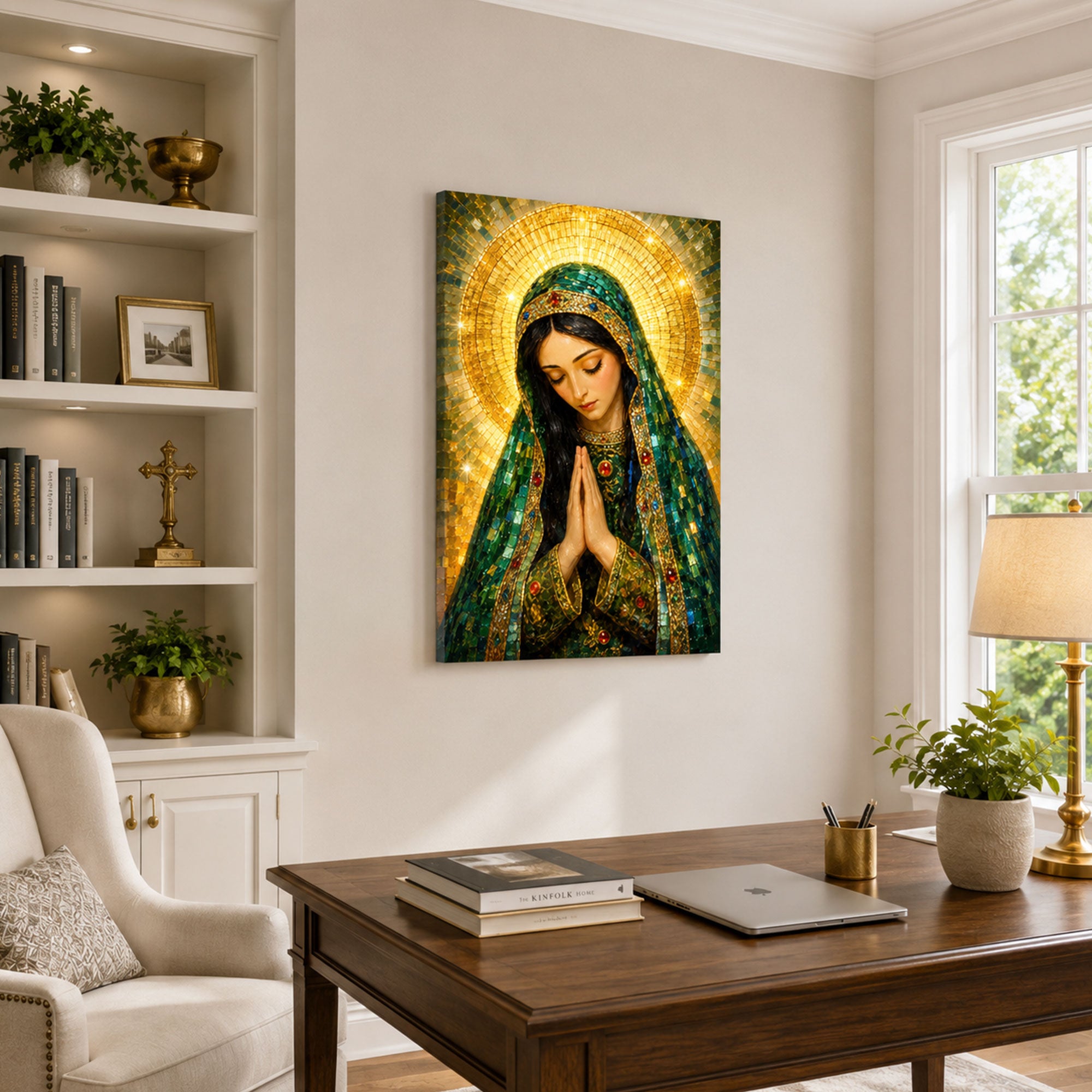 Our Lady of Emerald Grace Canvas Print, Mosaic Catholic Decor
