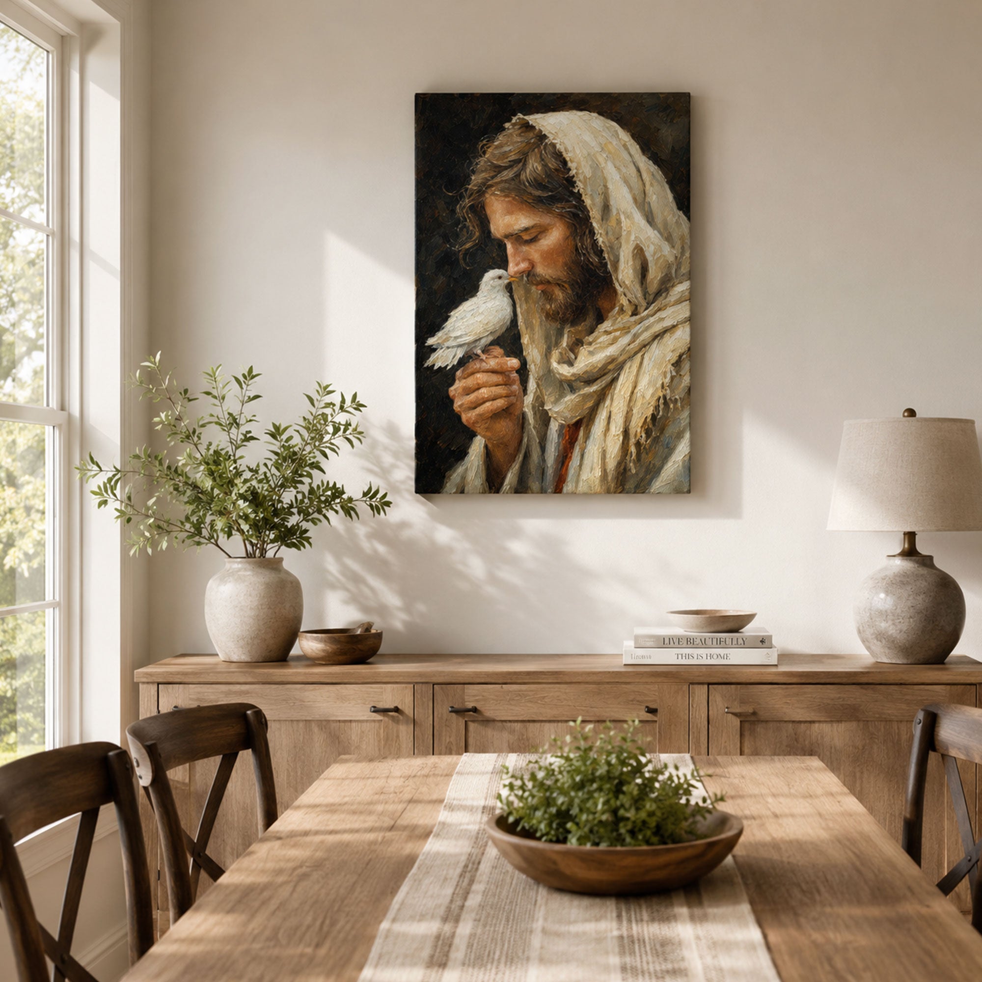 Jesus with Holy Spirit Dove Canvas Print, Christian Wall Decor, Peace and Faith Gift