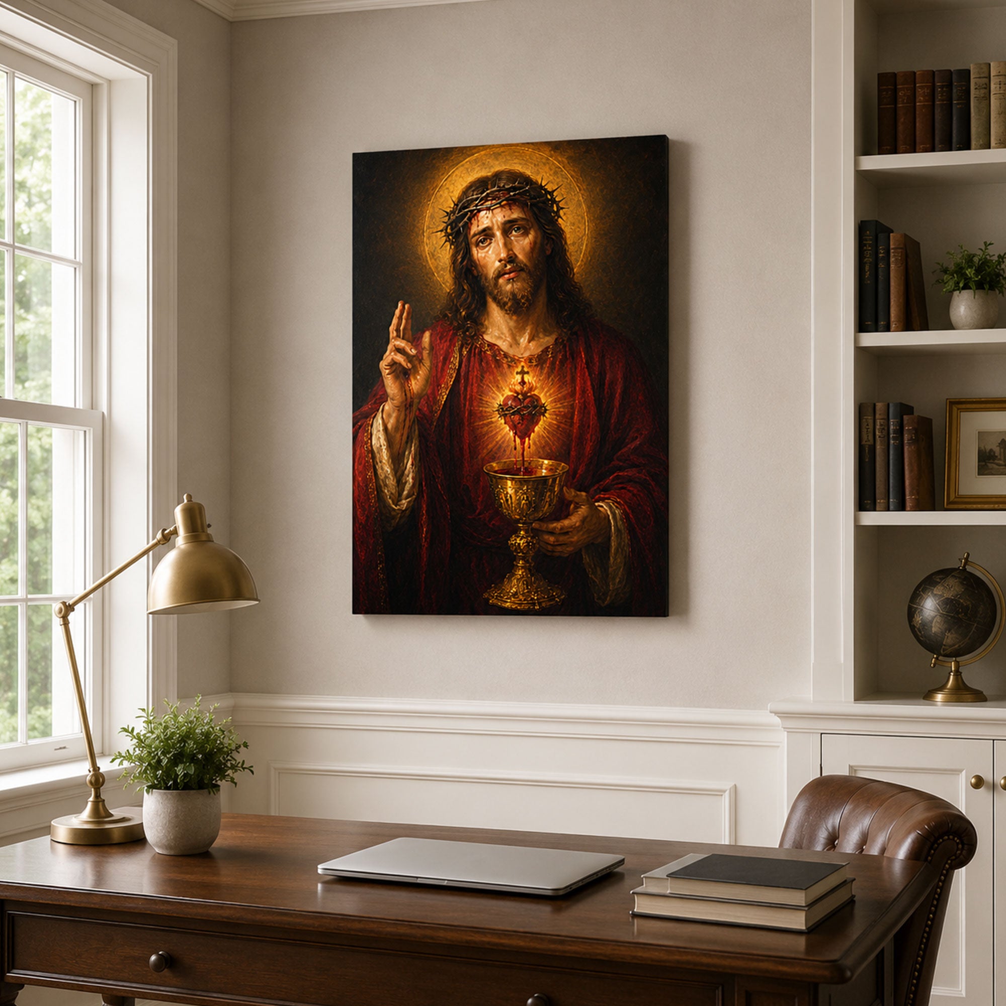 Sacred Heart of Jesus with Chalice Canvas Print, Catholic Precious Blood Wall Art, Faith Home Decor Gift