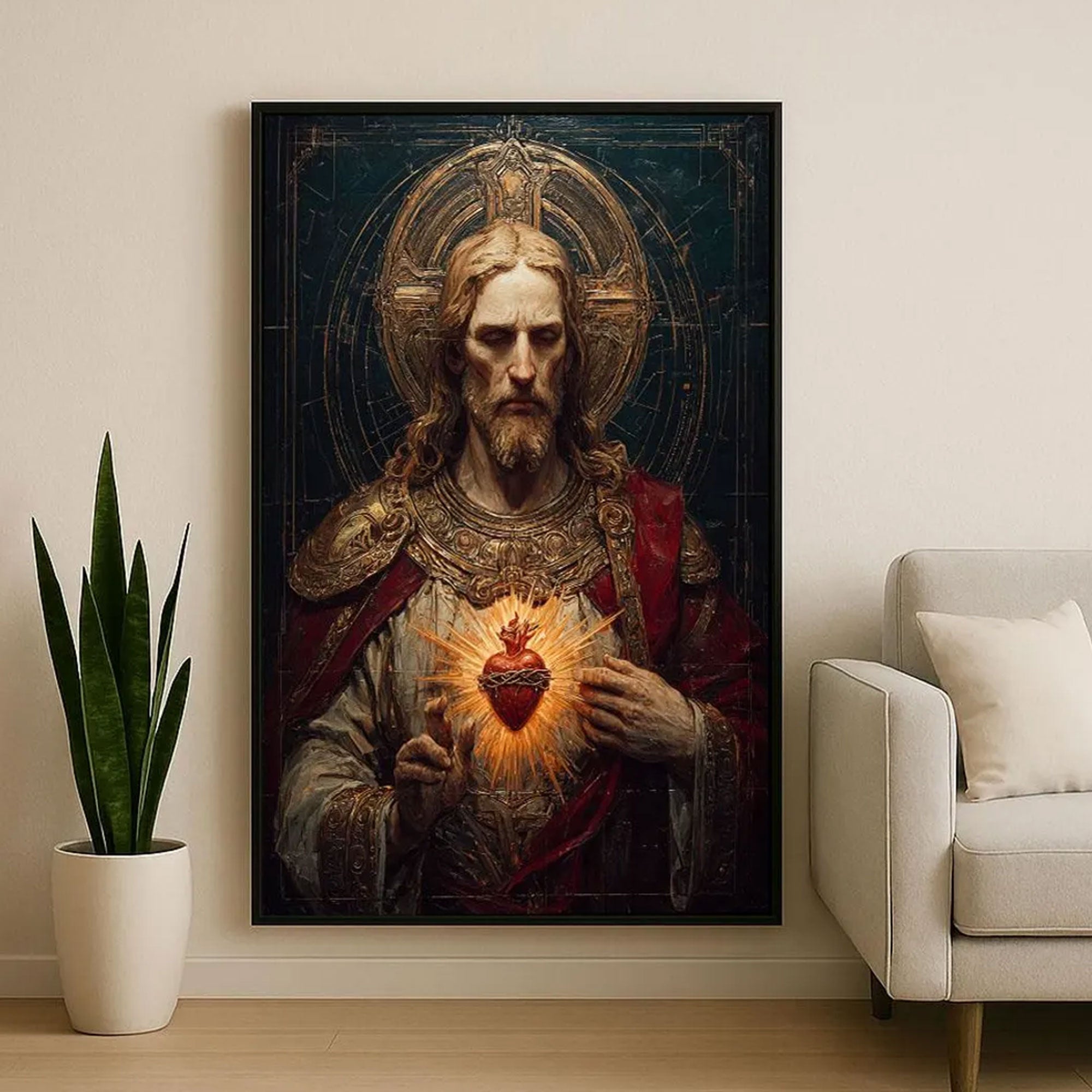Radiant Jesus Sacred Heart Canvas Wall Art, Christian Spiritual Decor, Statement Living Room Piece
