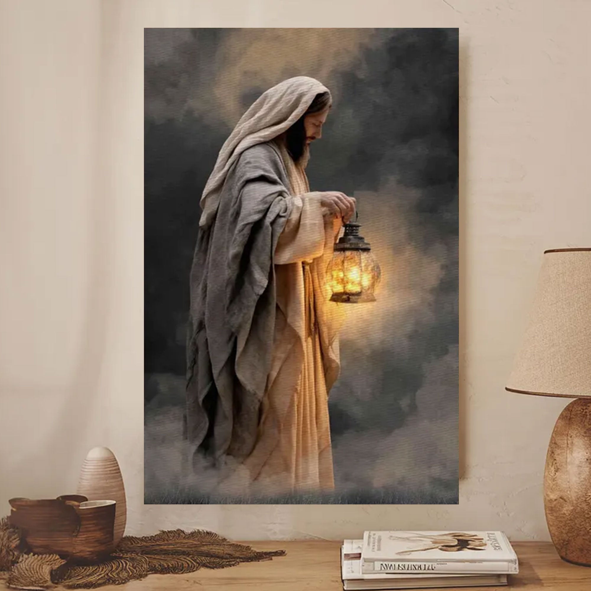 Guiding Lantern Framed Canvas Print, Moody Christian Wall Art, Jesus Painting Faith Home Decor