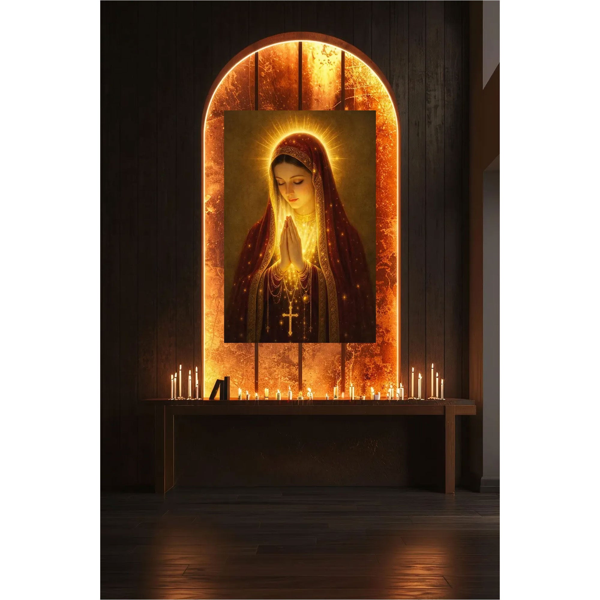 Virgin Mary Golden Halo Canvas Print, Blessed Mother Praying Wall Art, Catholic Religious Decor, Sacred Christian Home Artwork, Inspirational Faith Gift