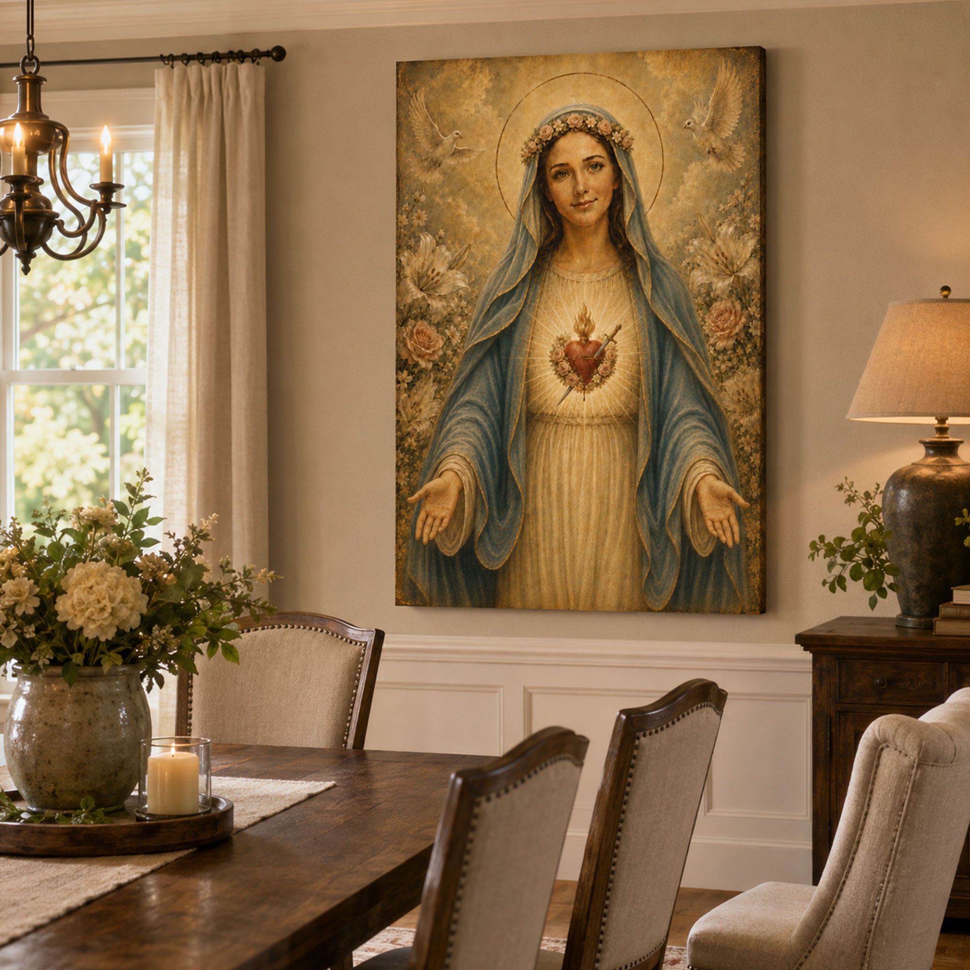 Immaculate Heart of Mary Canvas Print, Blessed Virgin Mary Catholic Wall Art, Floral Religious Home Decor Gift