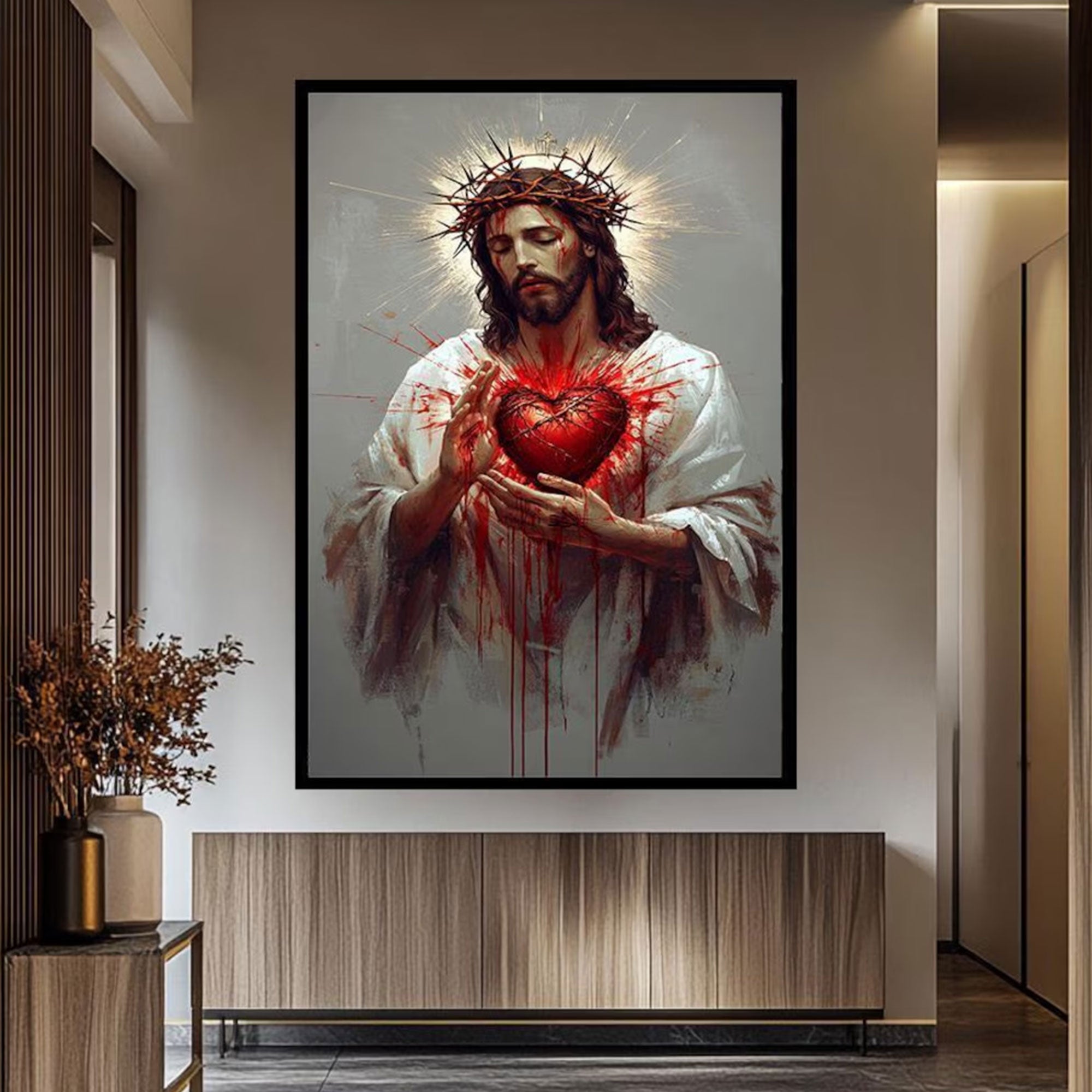 Sacred Heart Jesus Canvas Artwork, Christian Wall Decor, Emotional Religious Home Decoration