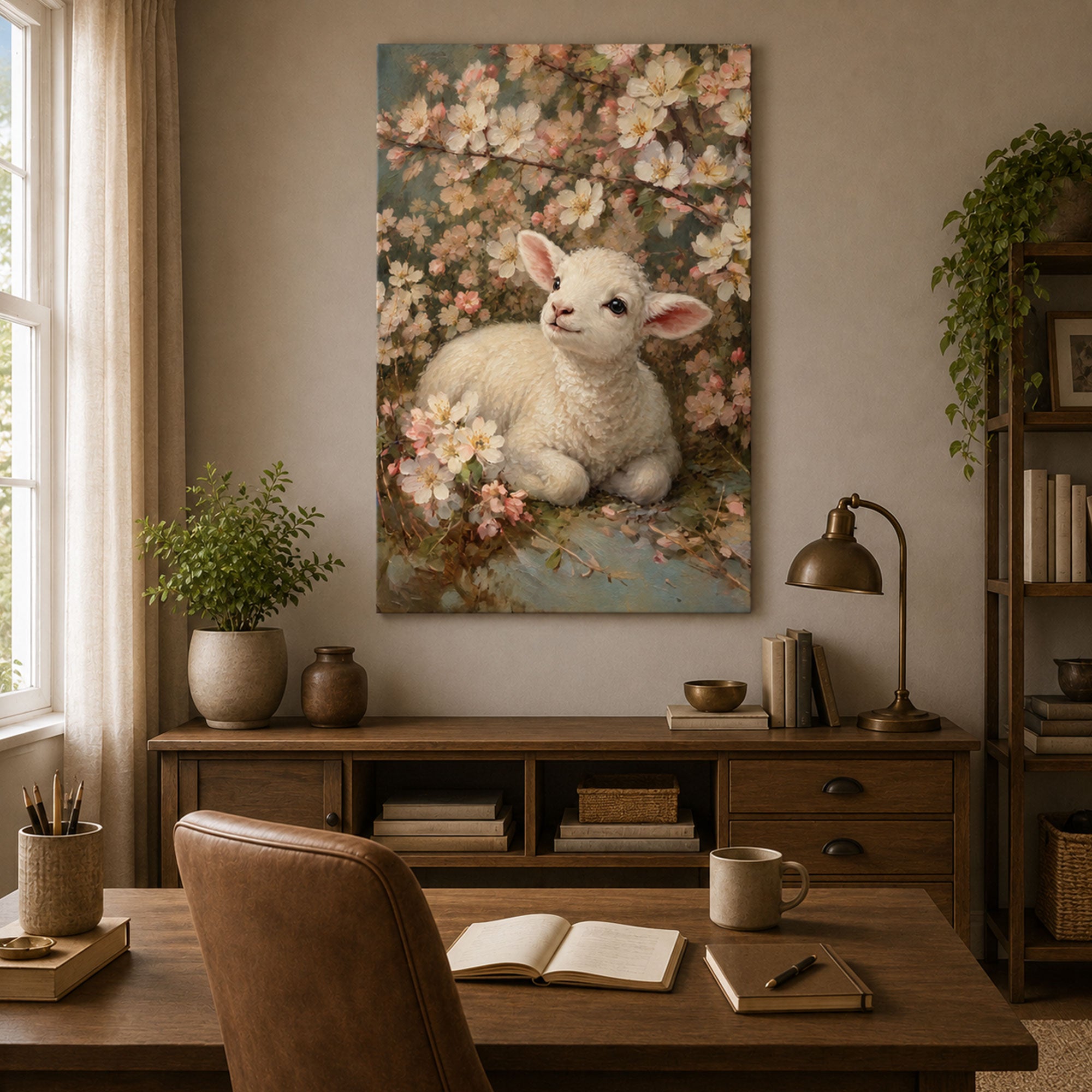 Lamb of God Canvas Print, Floral Christian Wall Art, Peaceful Faith Home Decor