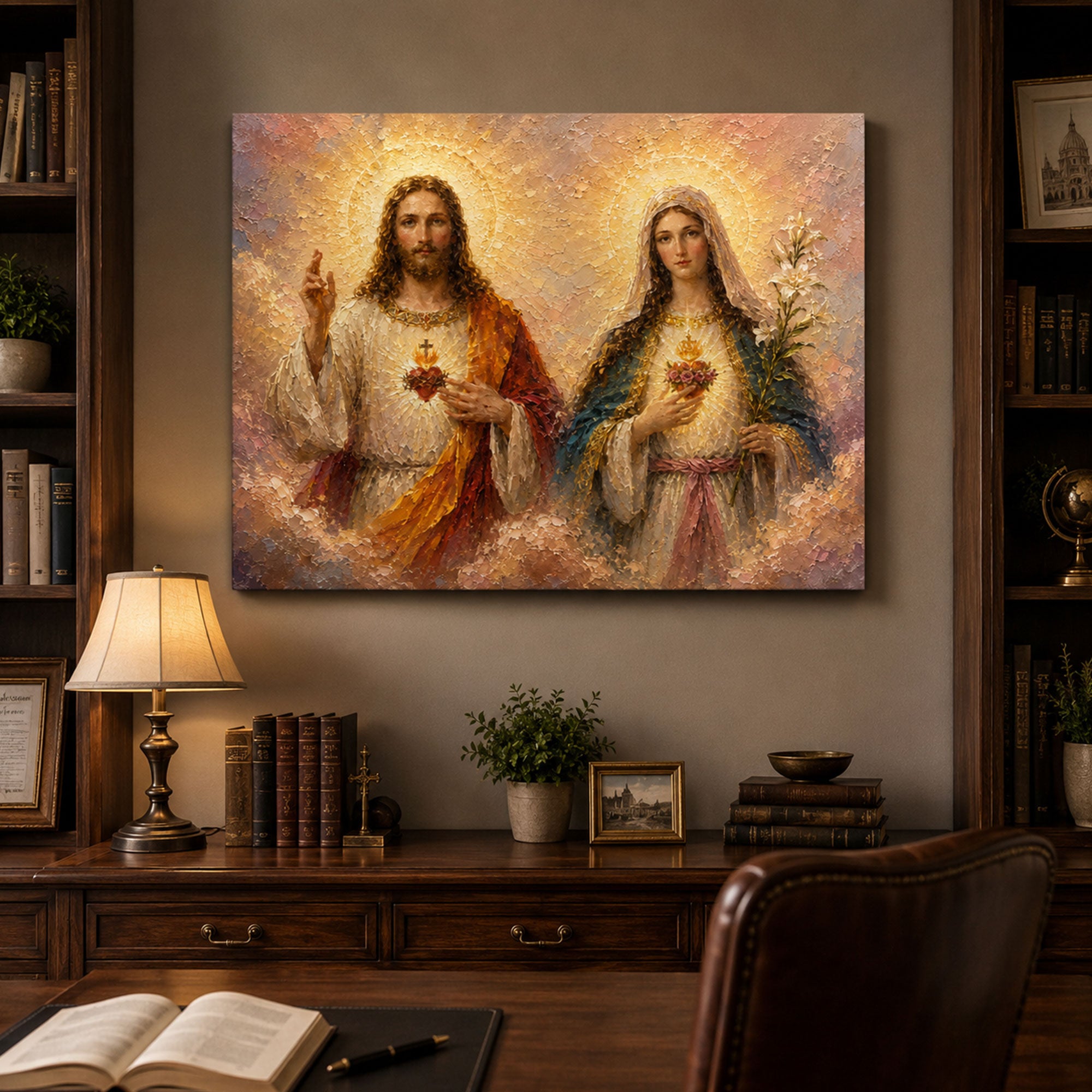 Sacred Heart of Jesus and Immaculate Heart of Mary Canvas Print, Catholic Wall Art, Christian Religious Home Decor, Devotional Faith Gift