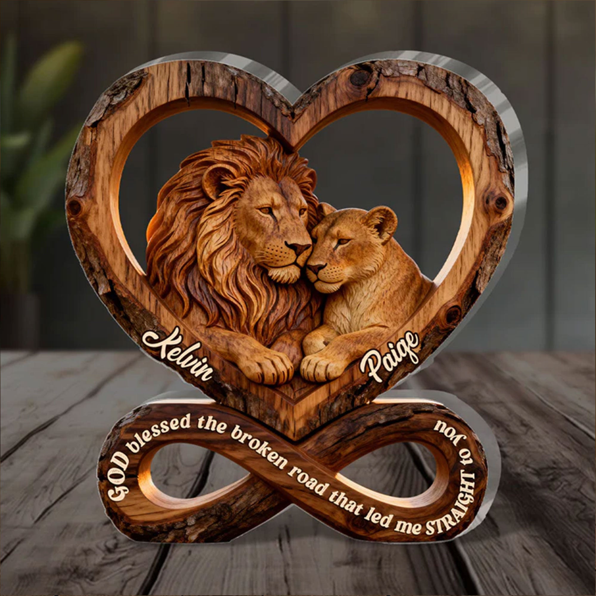 Personalized Lion Couple Acrylic Plaque, God Blessed the Broken Road, Anniversary Gift