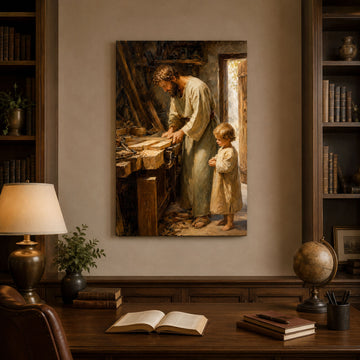 St. Joseph the Carpenter with Child Jesus Canvas Print, Catholic Wall Art, Rustic Faith Home Decor