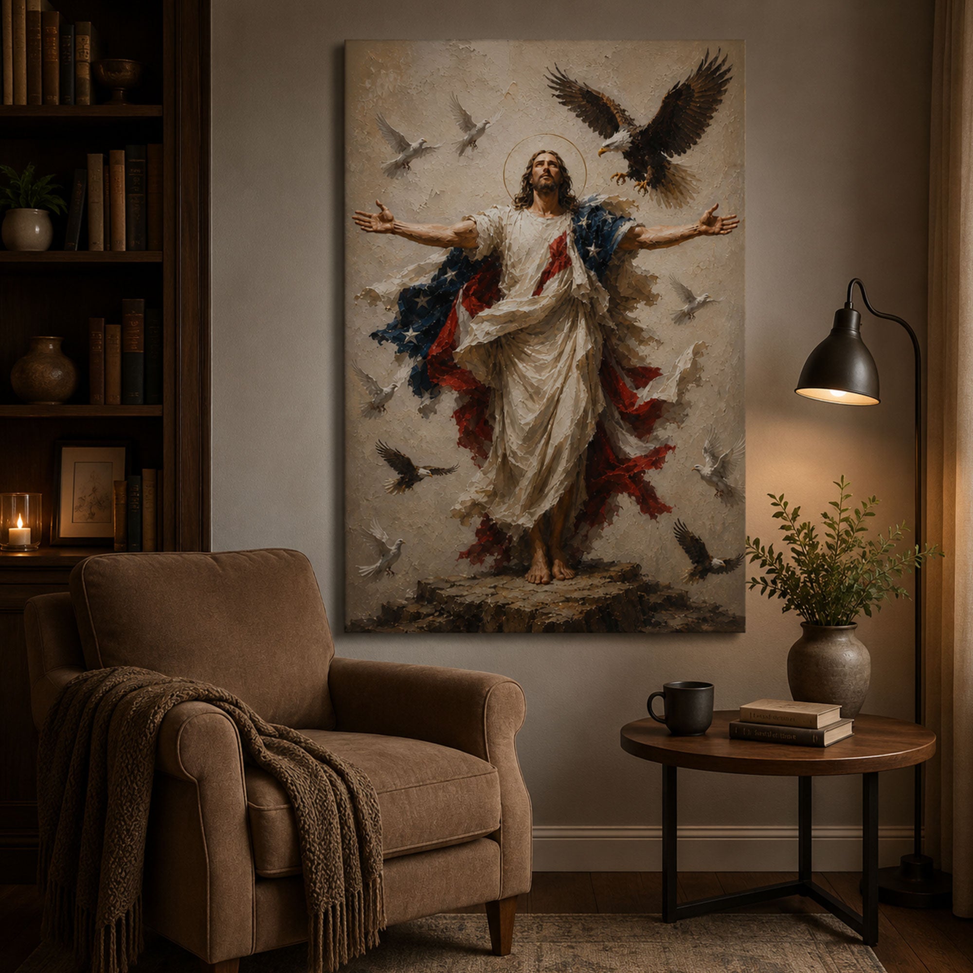 Patriotic Jesus Canvas Print, American Flag Christian Wall Art, Faith Freedom Home Decor