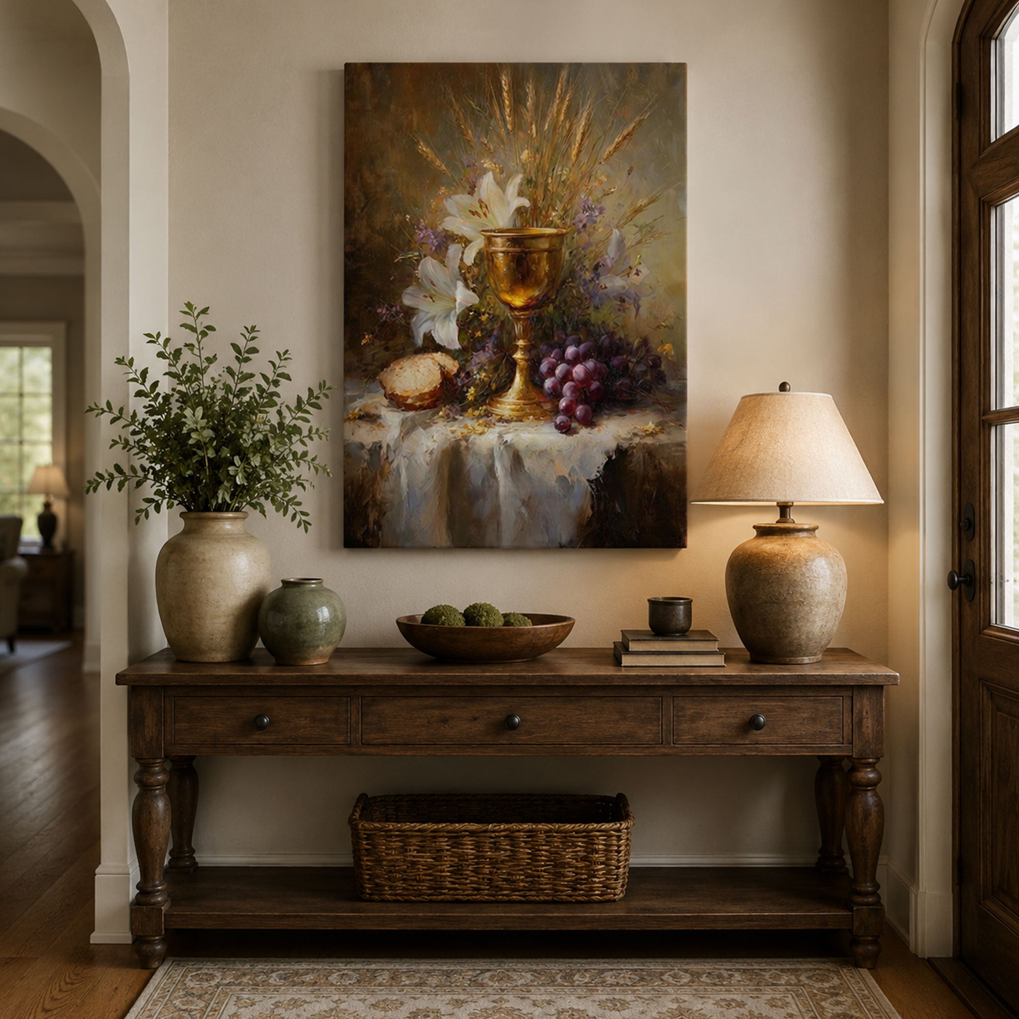 Eucharist Chalice Still Life Canvas Art, Catholic Communion Wall Decor, Bread and Wine Christian Faith Artwork