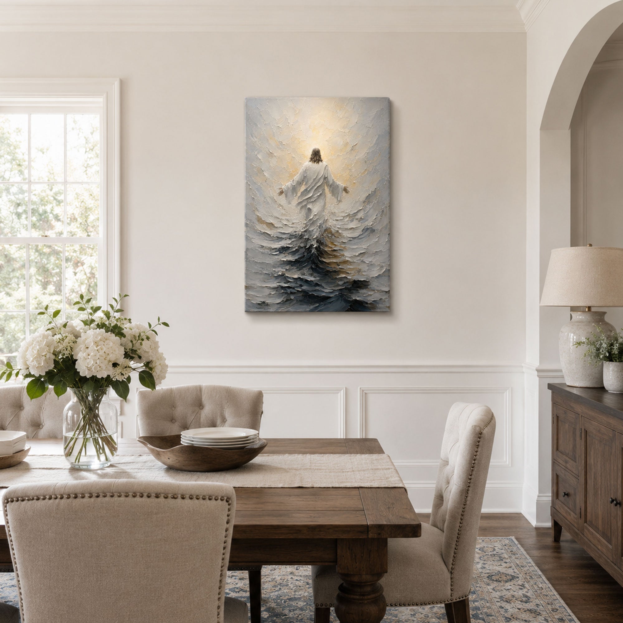 Jesus Above the Stormy Sea Canvas Print, Light Filled Christian Decor